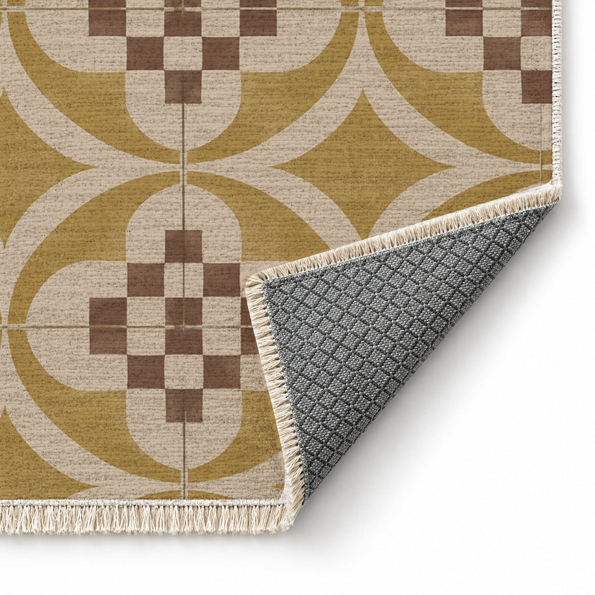 Courtyard Tile Oat & Ochre washable rug folded corner showing the backing