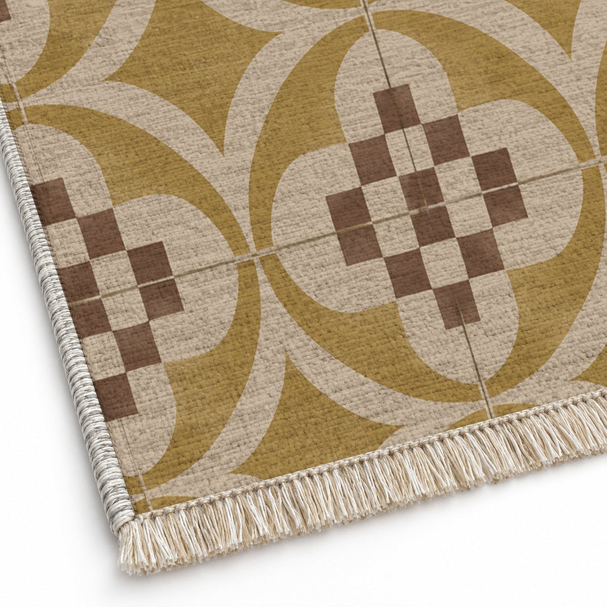 Courtyard Tile Oat & Ochre washable rug close-up of the printed chenille