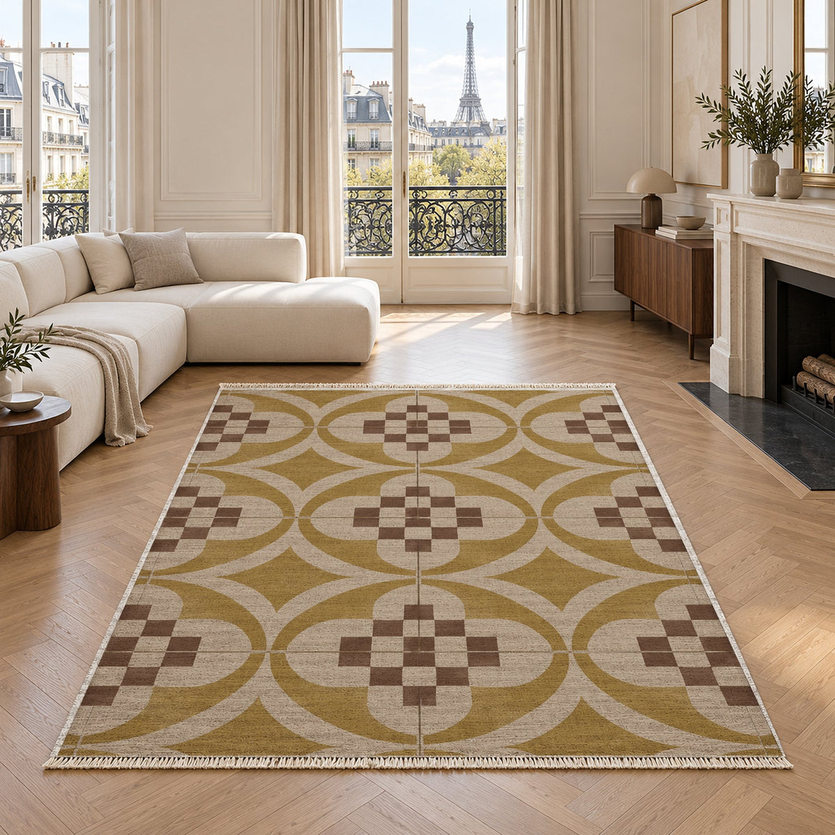 Courtyard Tile Oat & Ochre washable rug in a living room with an Eiffel Tower view
