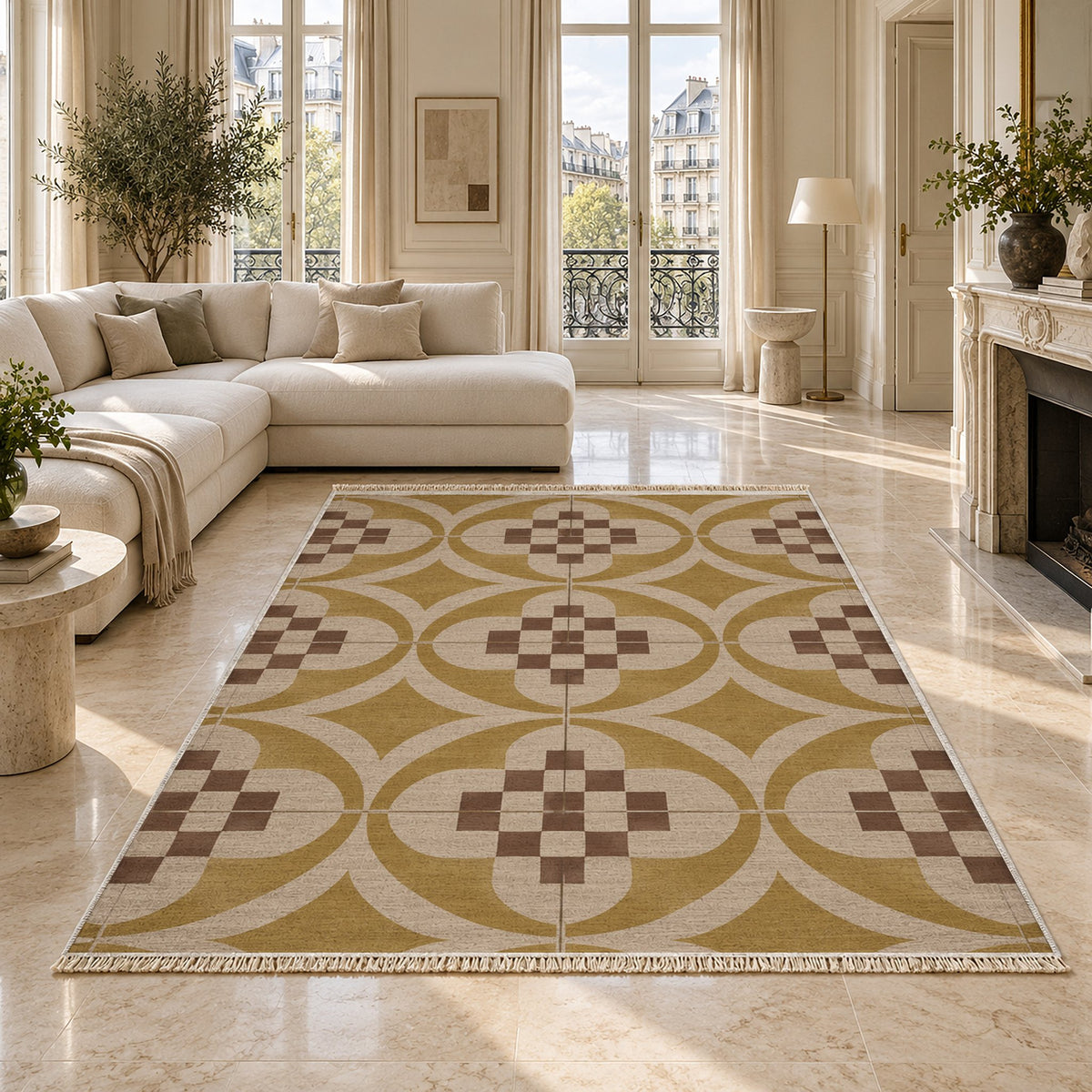 Courtyard Tile Oat & Ochre washable rug on a marble floor