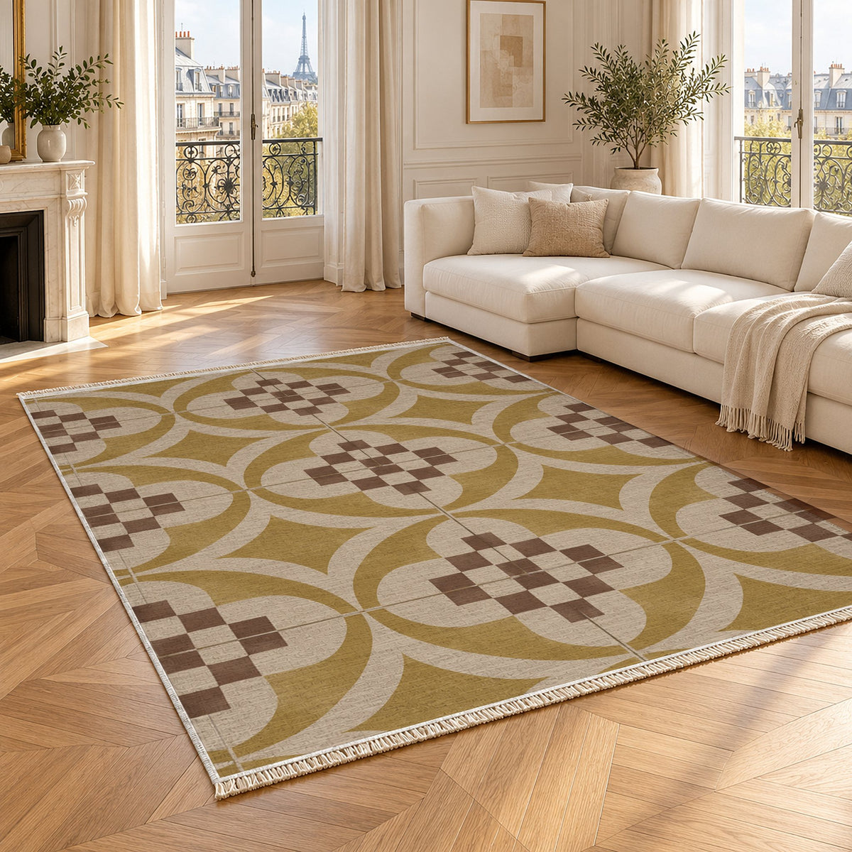 Courtyard Tile Oat & Ochre washable rug angled room view