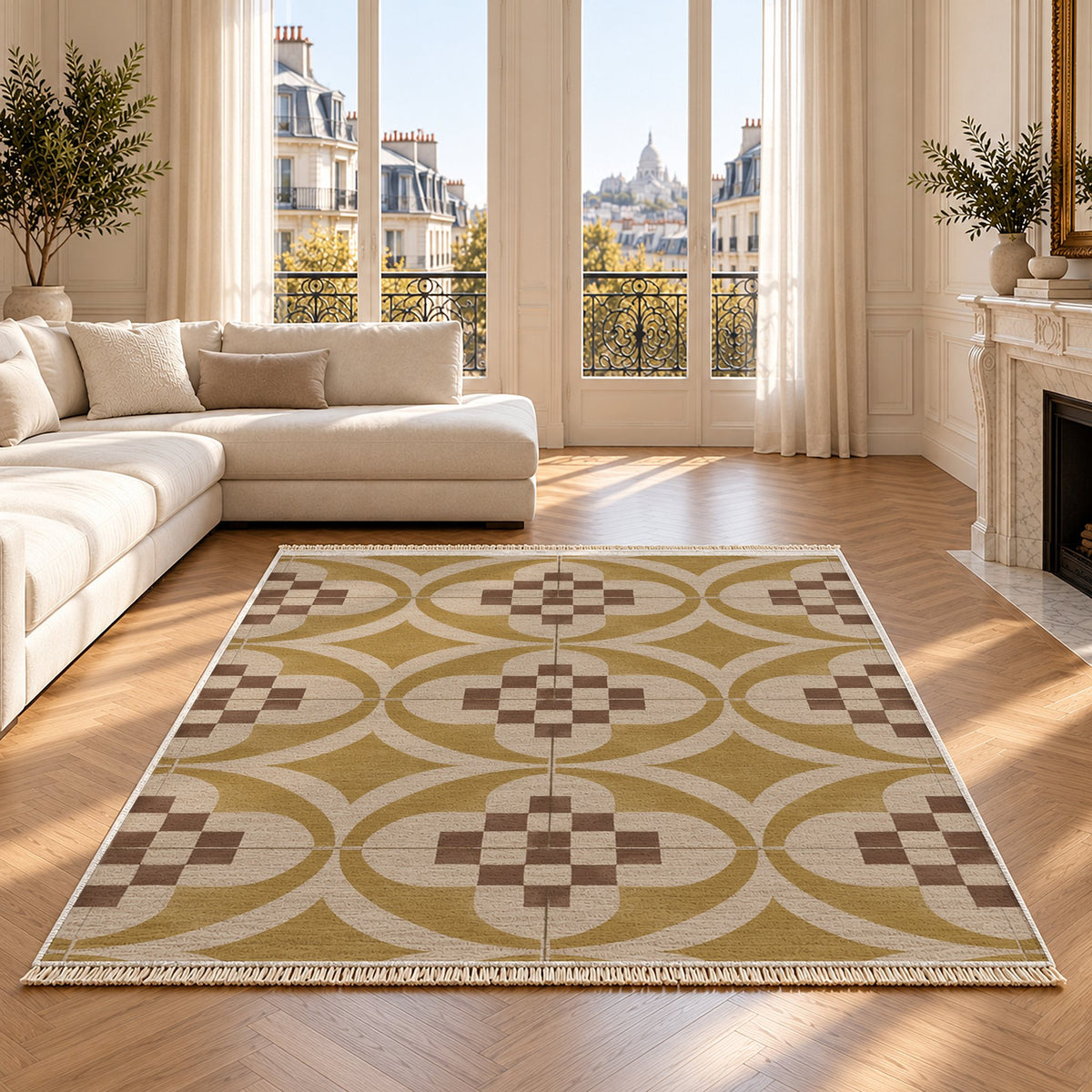Courtyard Tile Oat & Ochre washable rug on an oak floor