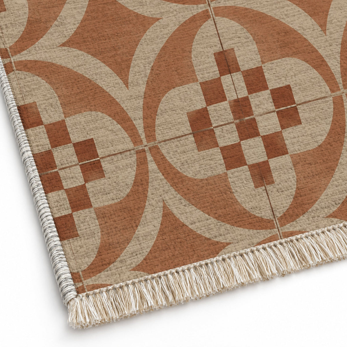 Courtyard Tile Sand & Terracotta washable rug close-up of the printed chenille