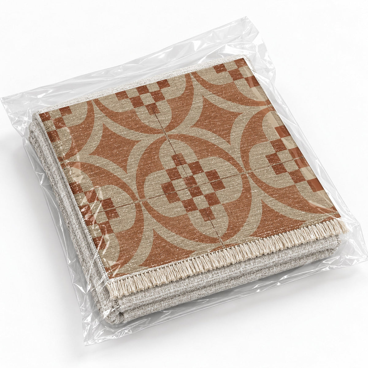 Courtyard Tile Sand & Terracotta washable rug rolled and packaged