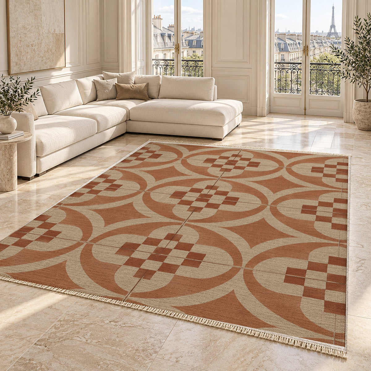Courtyard Tile Sand & Terracotta washable rug angled room view on marble