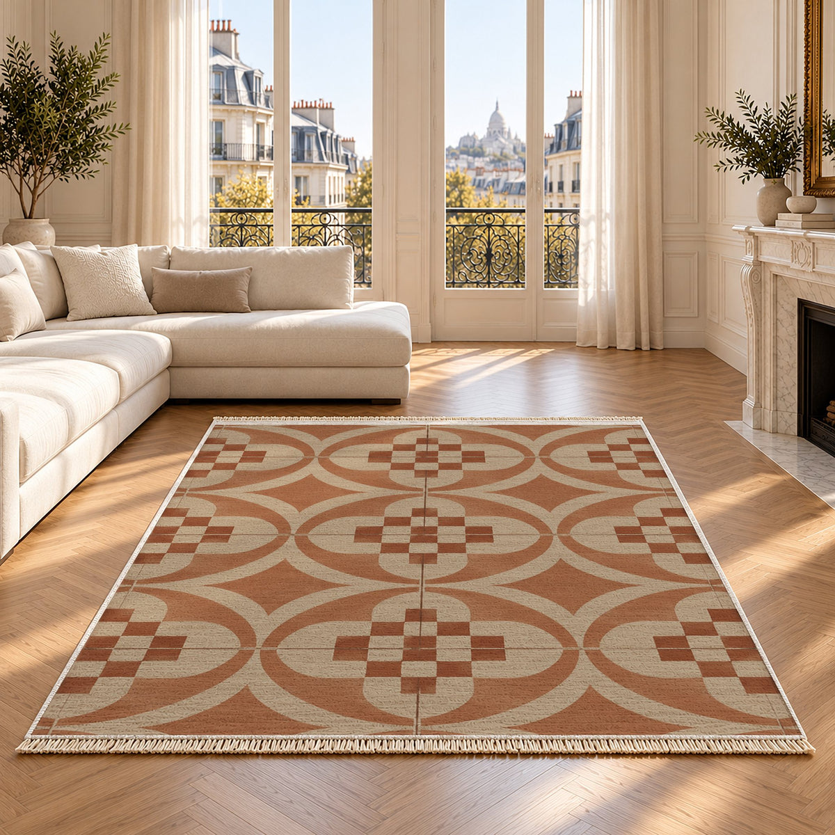 Courtyard Tile Sand & Terracotta washable rug on an oak floor