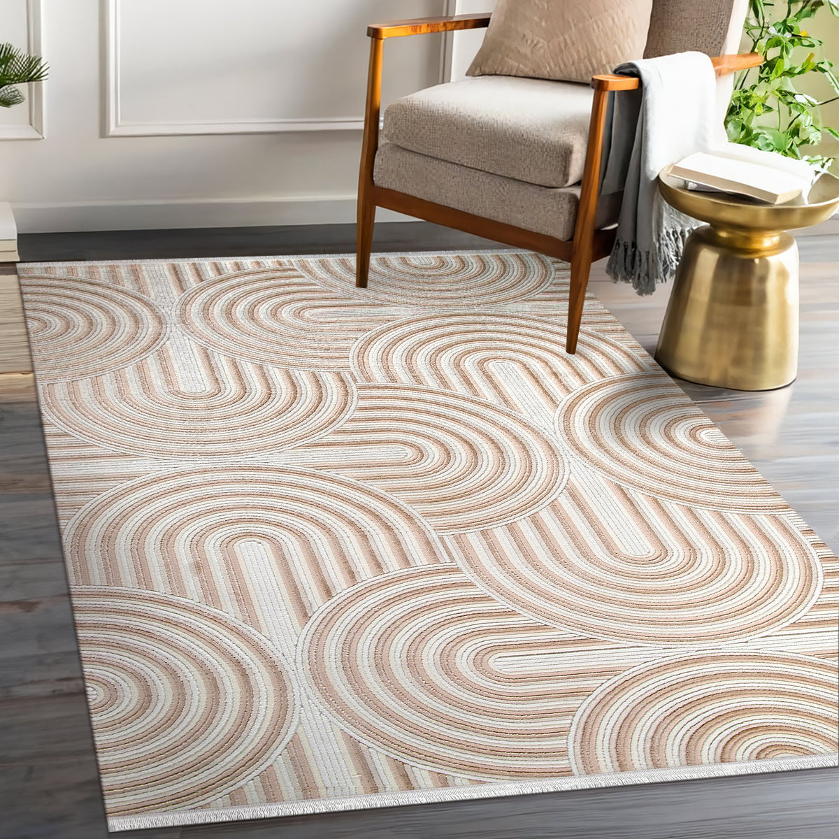 Cream & Beige Arch Relief Area Rug in a living room