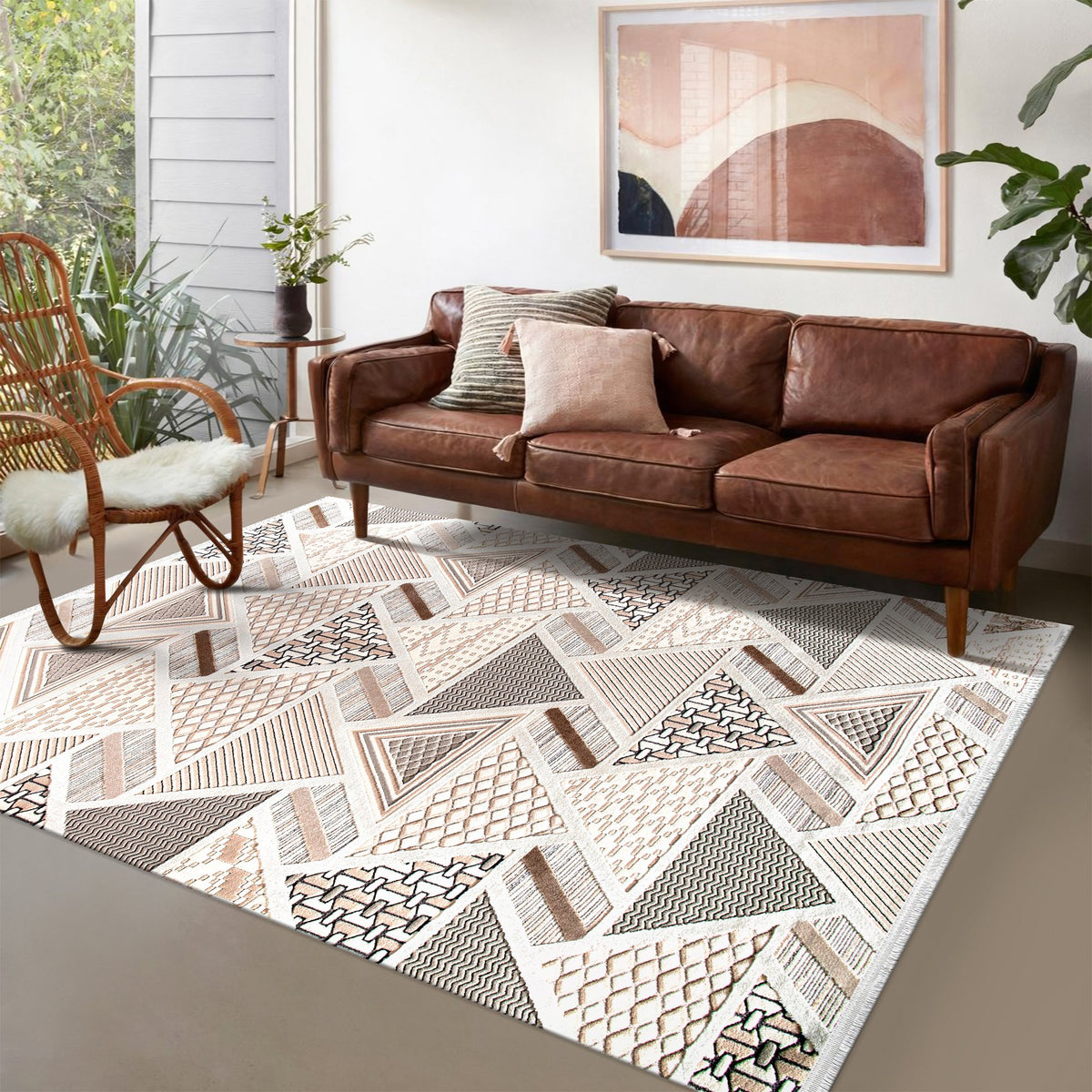 Cream & Beige Triangle Relief Area Rug in a living room