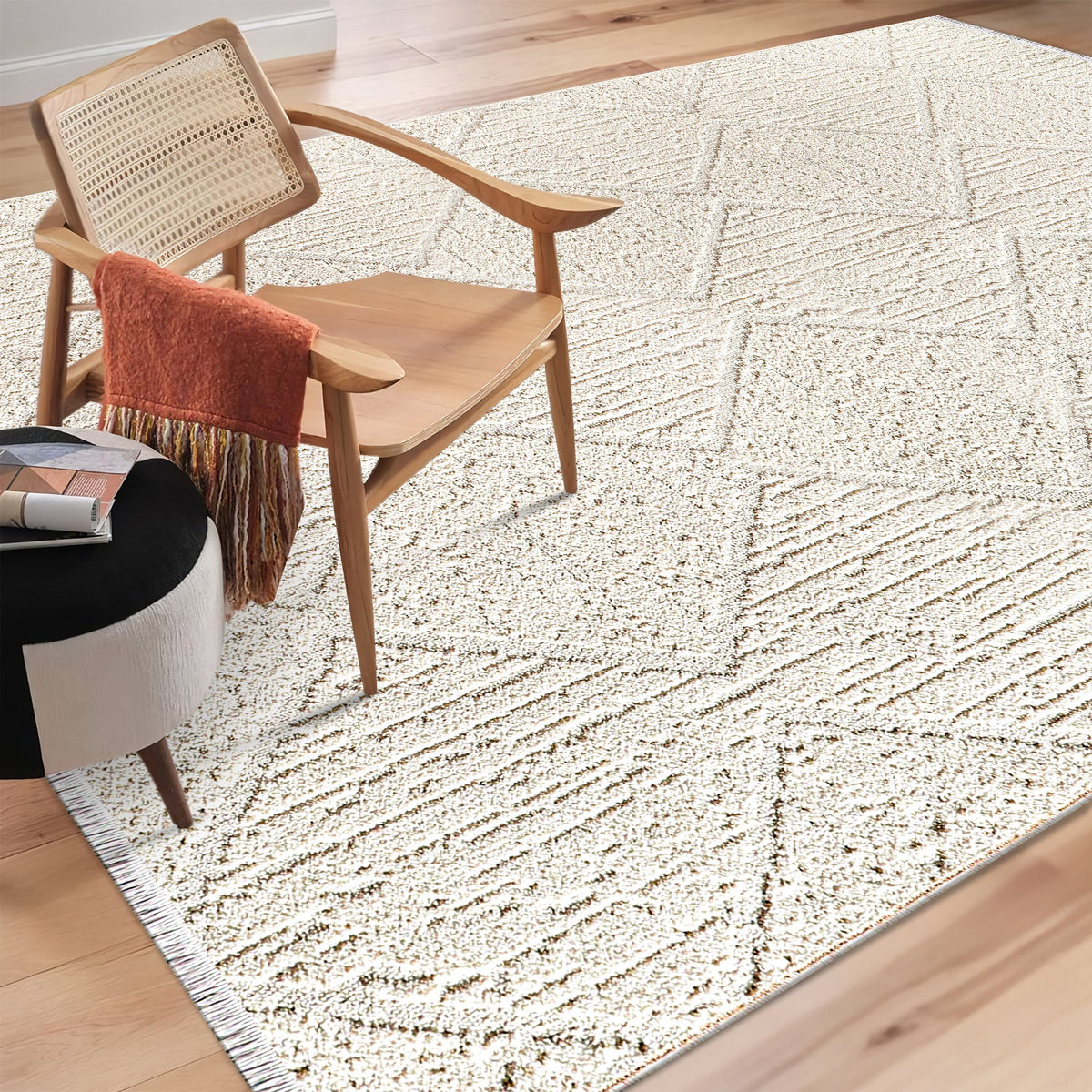 Cream Diamond Relief Area Rug in a living room