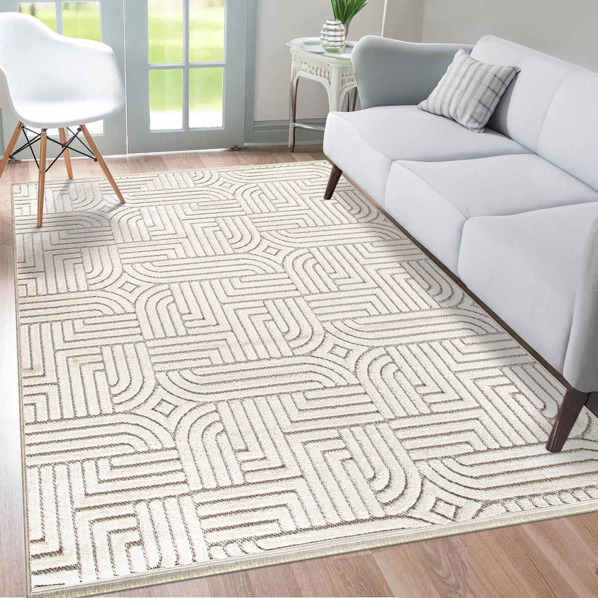 Cream Maze Relief Area Rug in a living room