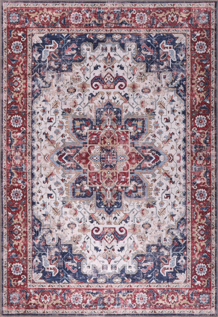 Cream, Red & Navy Persian Medallion Washable Rug | 1323