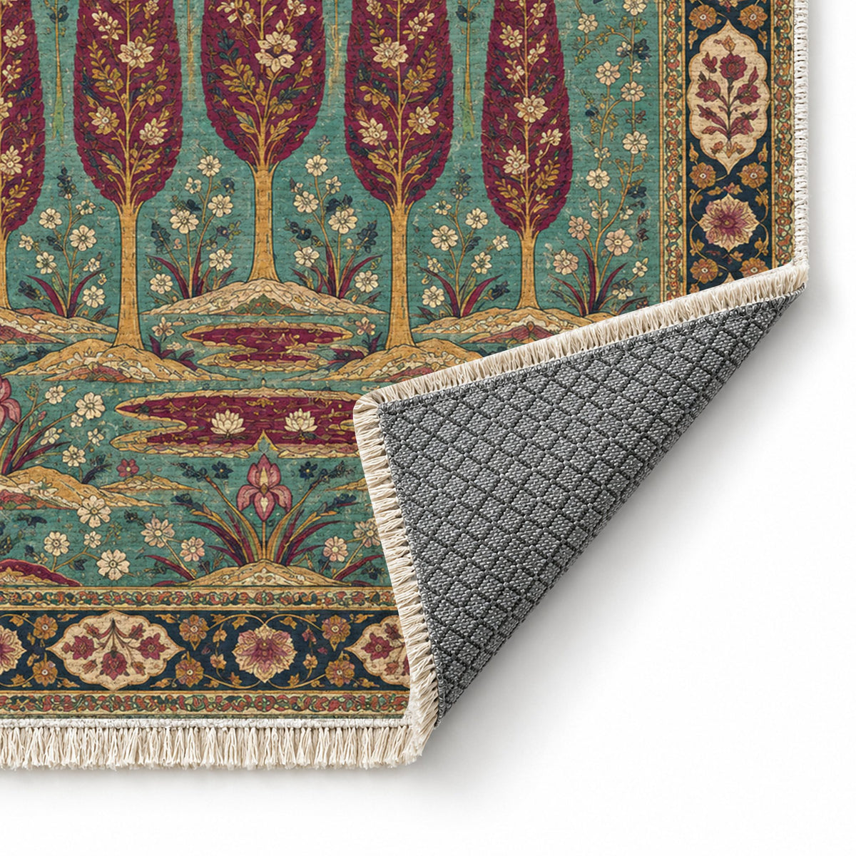 Cypress Rain Garden Lagoon & Berry washable rug folded corner showing the backing