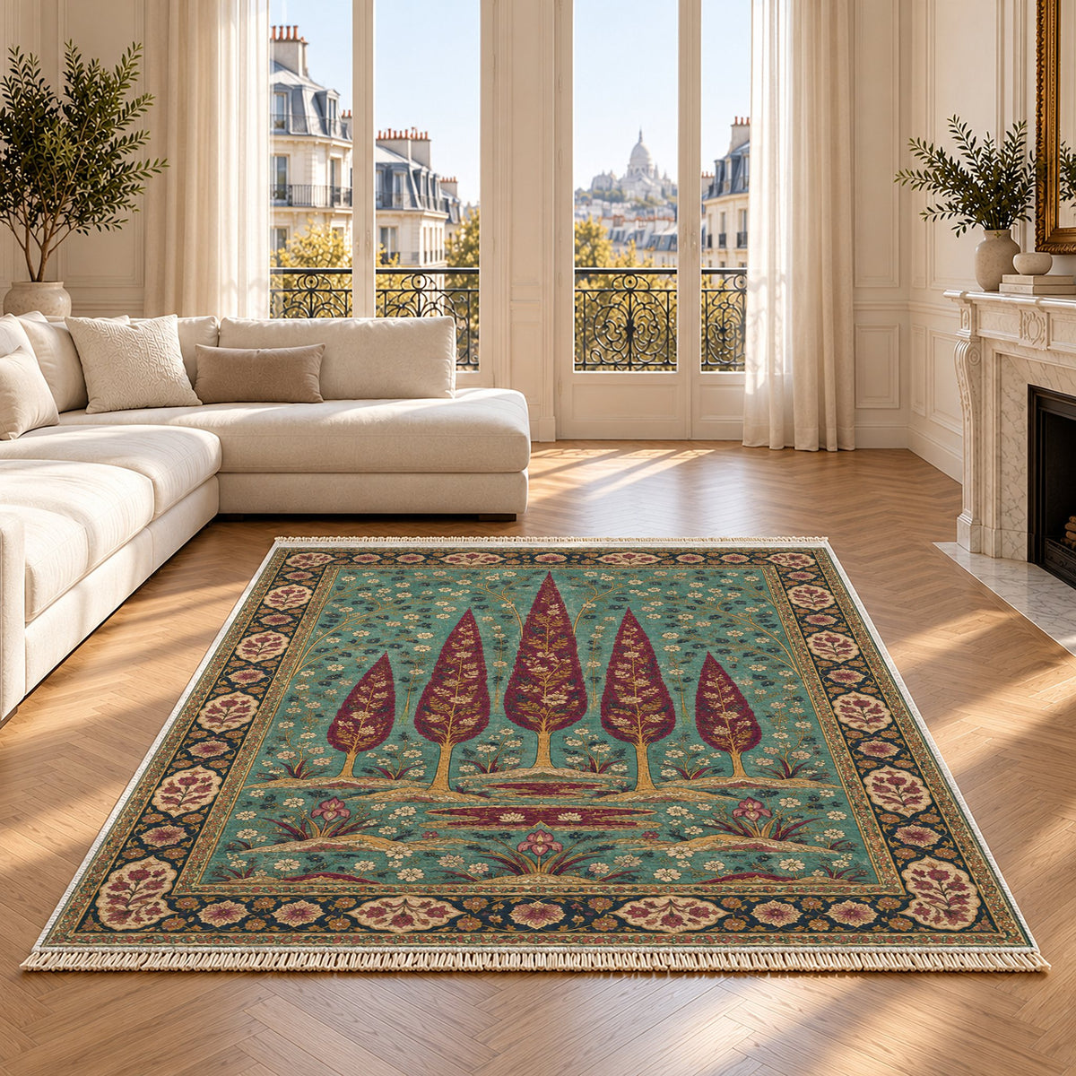 Cypress Rain Garden Lagoon & Berry washable rug on an oak floor