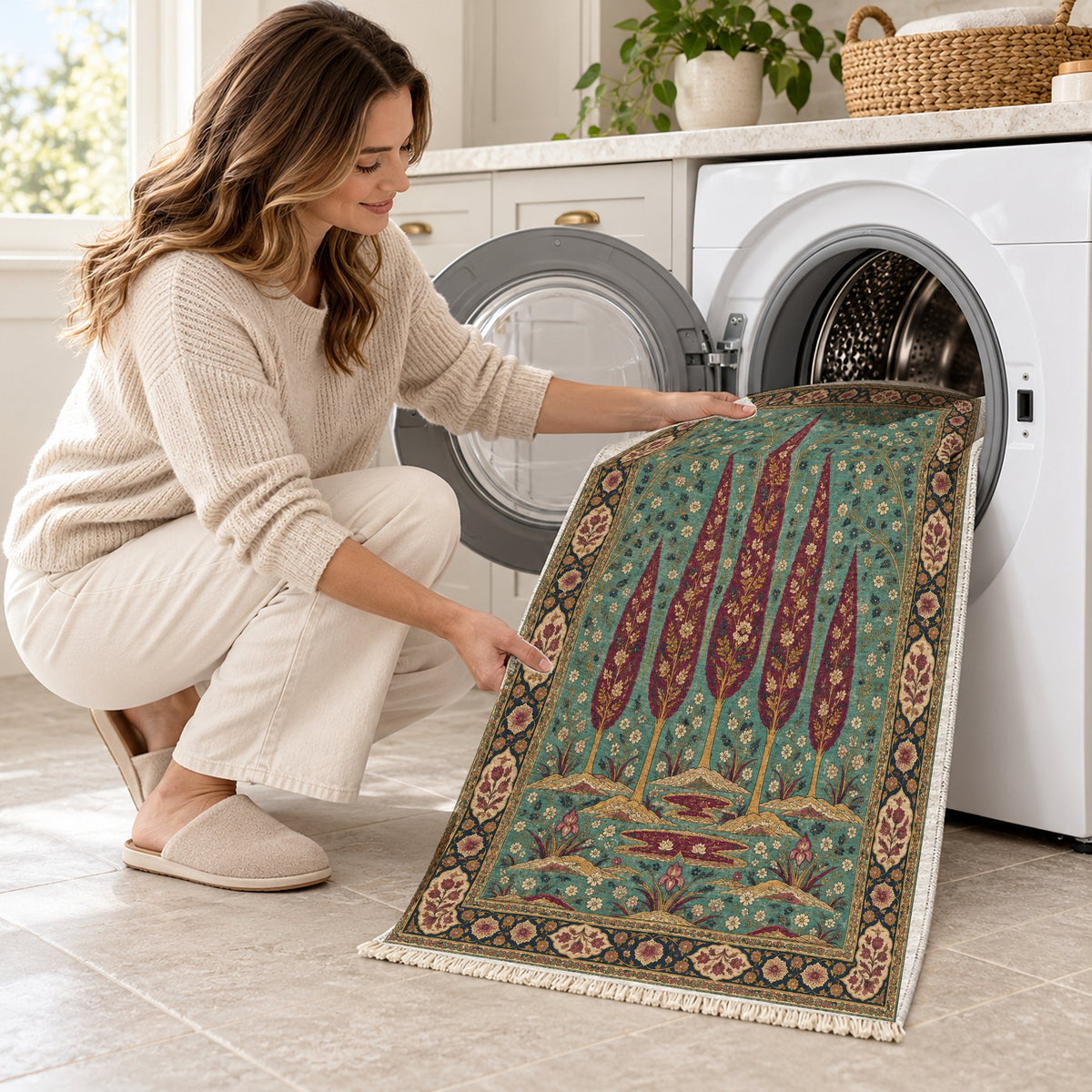 Cypress Rain Garden Lagoon & Berry washable rug being loaded into a washing machine