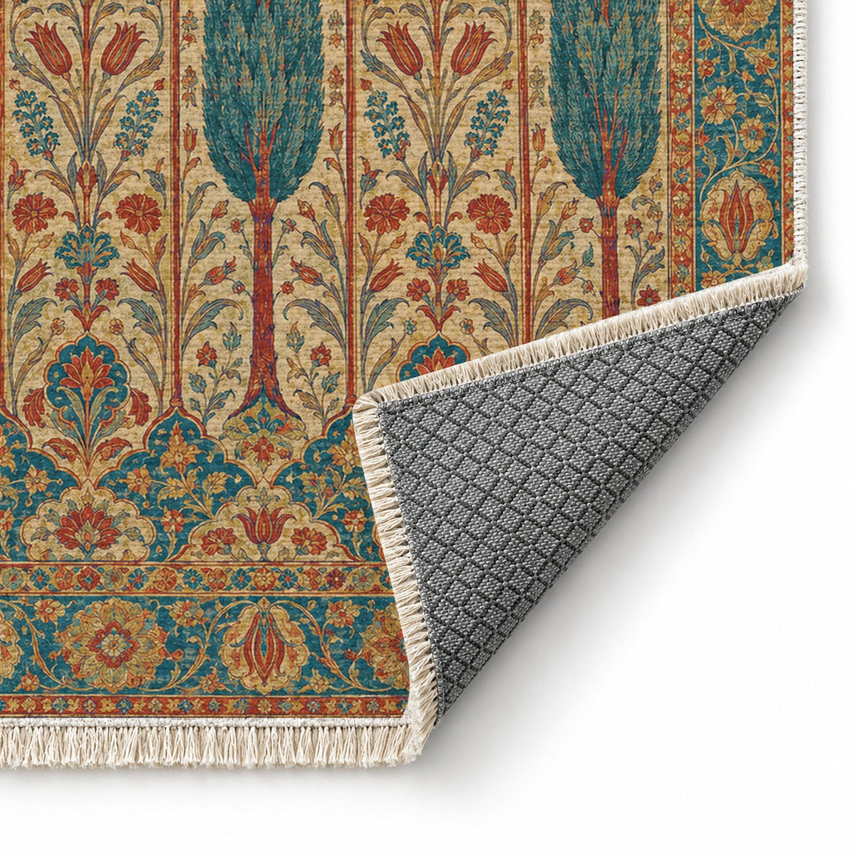 Cypress Terrace Peacock & Ochre washable rug folded corner showing the backing