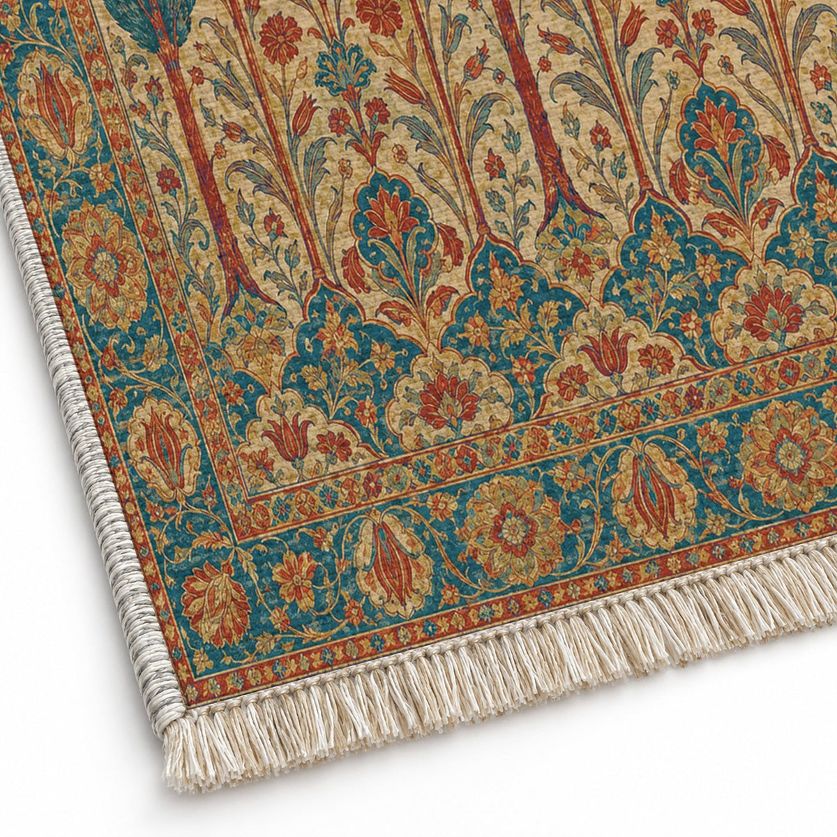 Cypress Terrace Peacock & Ochre washable rug close-up of the printed chenille