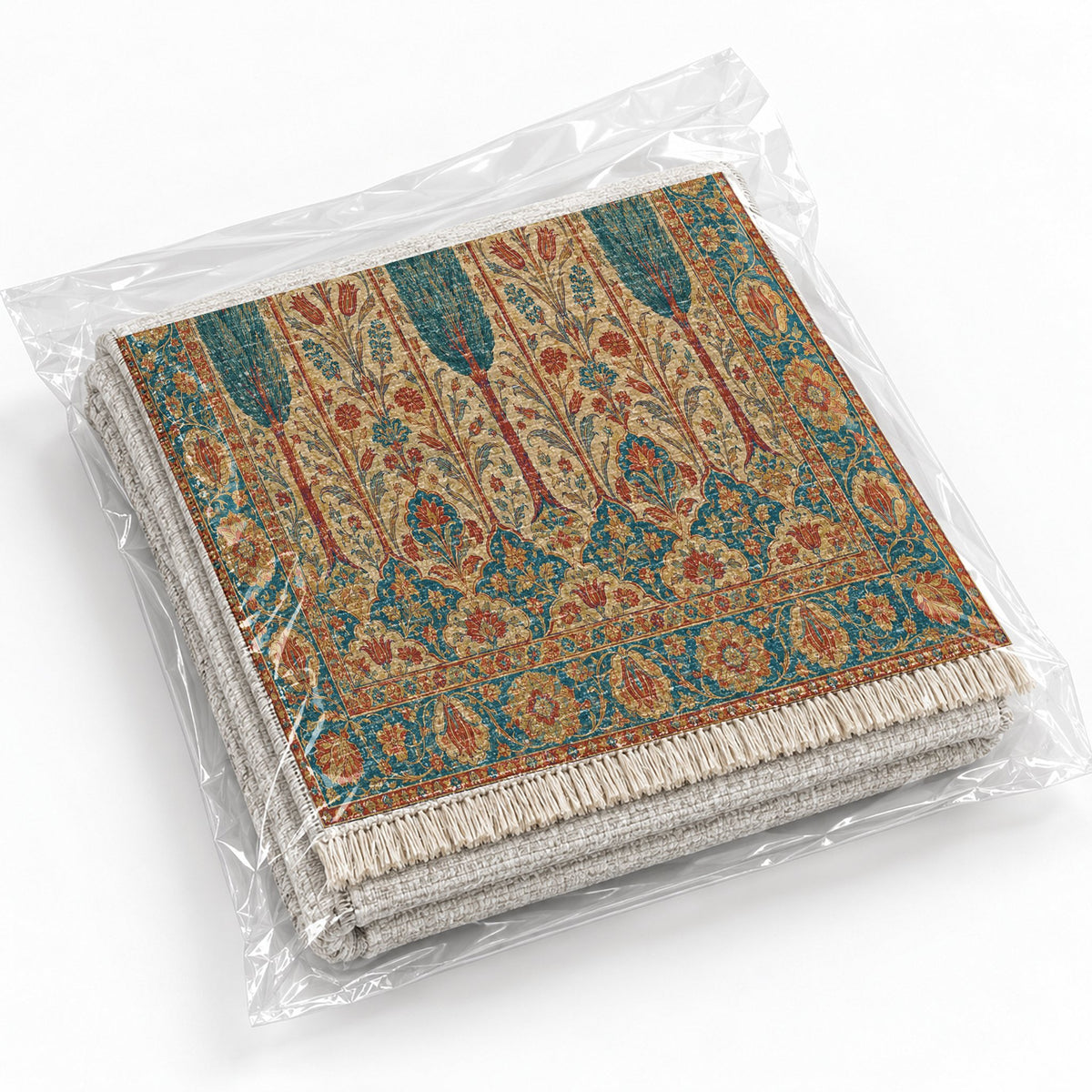 Cypress Terrace Peacock & Ochre washable rug rolled and packaged
