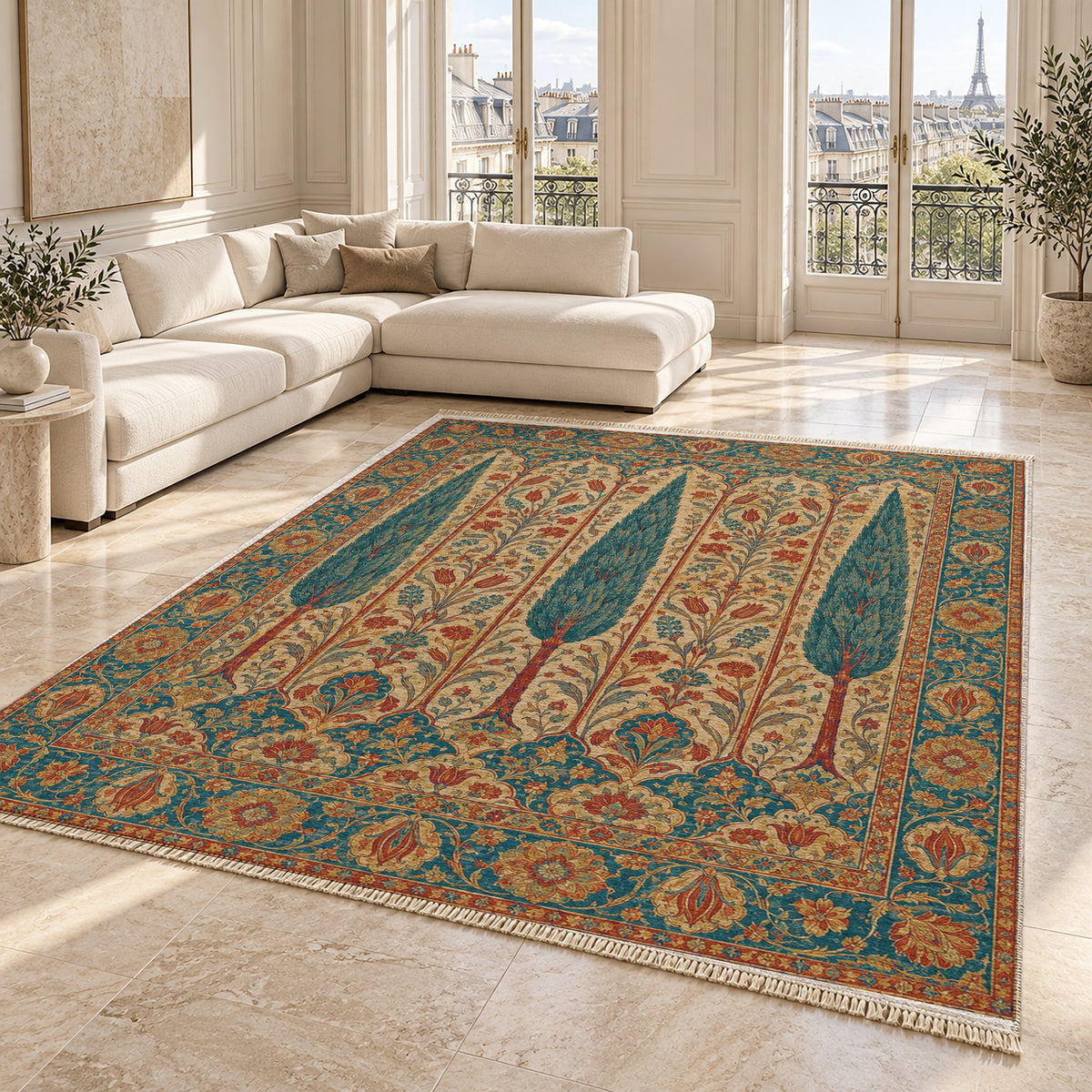 Cypress Terrace Peacock & Ochre washable rug angled room view on marble
