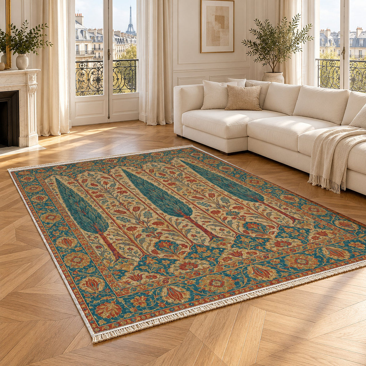 Cypress Terrace Peacock & Ochre washable rug angled room view