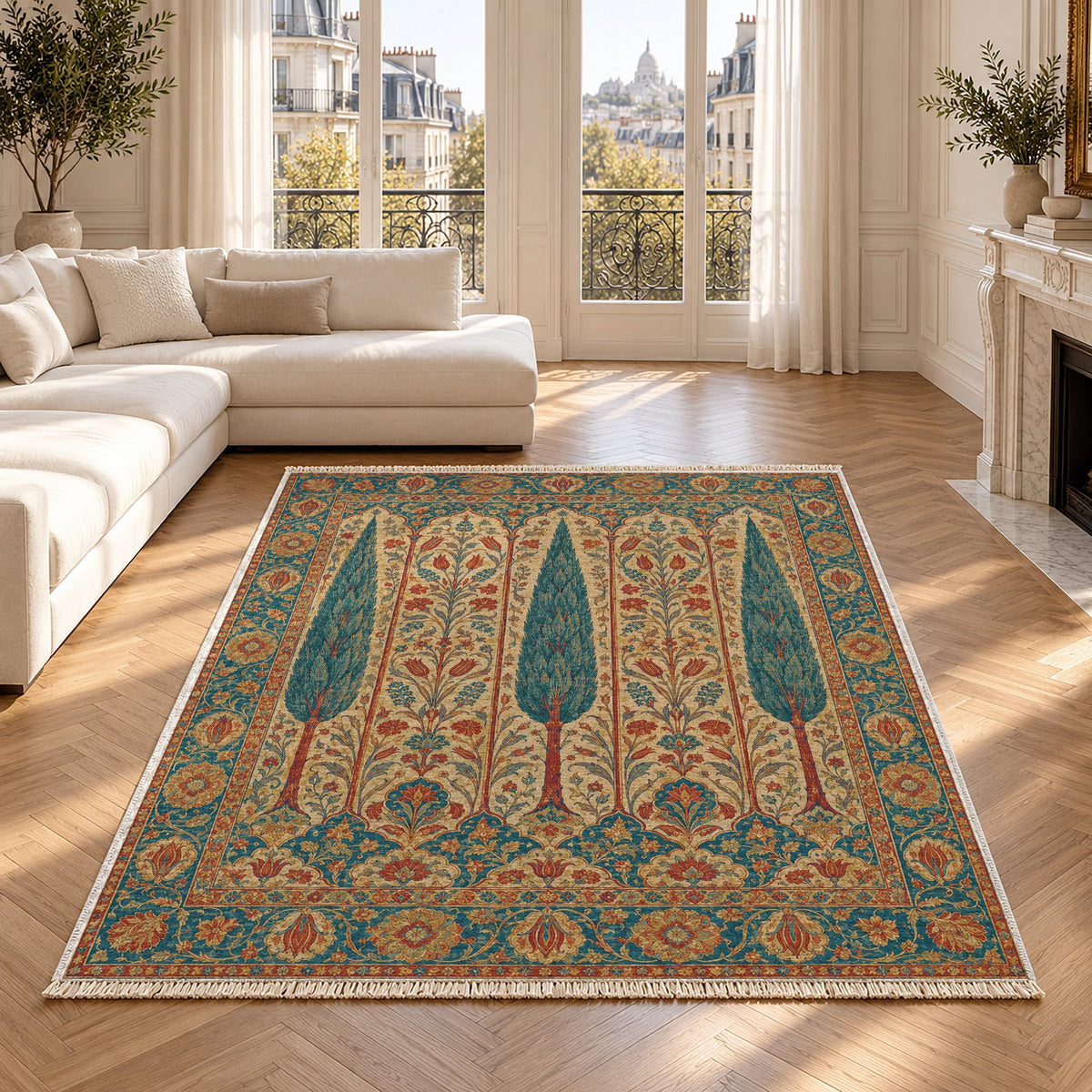 Cypress Terrace Peacock & Ochre washable rug in a Paris living room