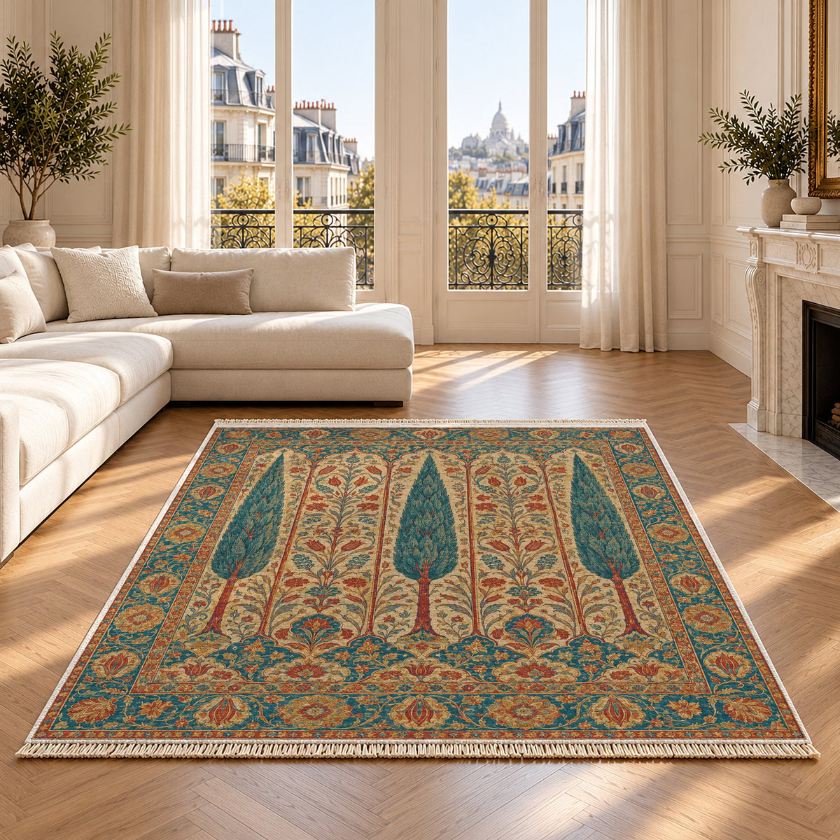 Cypress Terrace Peacock & Ochre washable rug on an oak floor