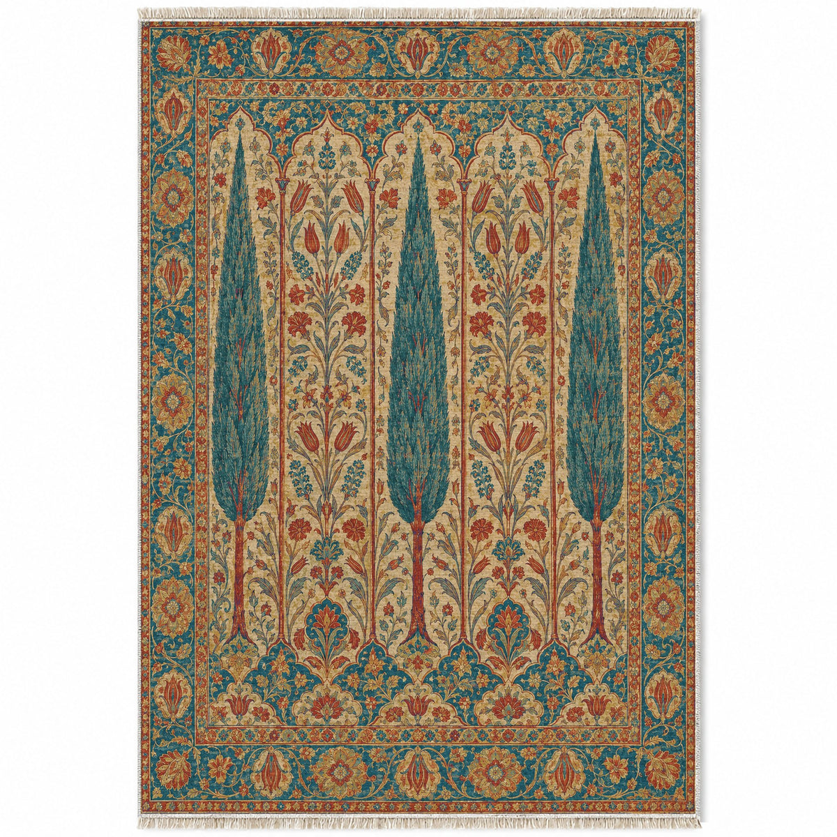 Cypress Terrace Peacock & Ochre washable rug top view