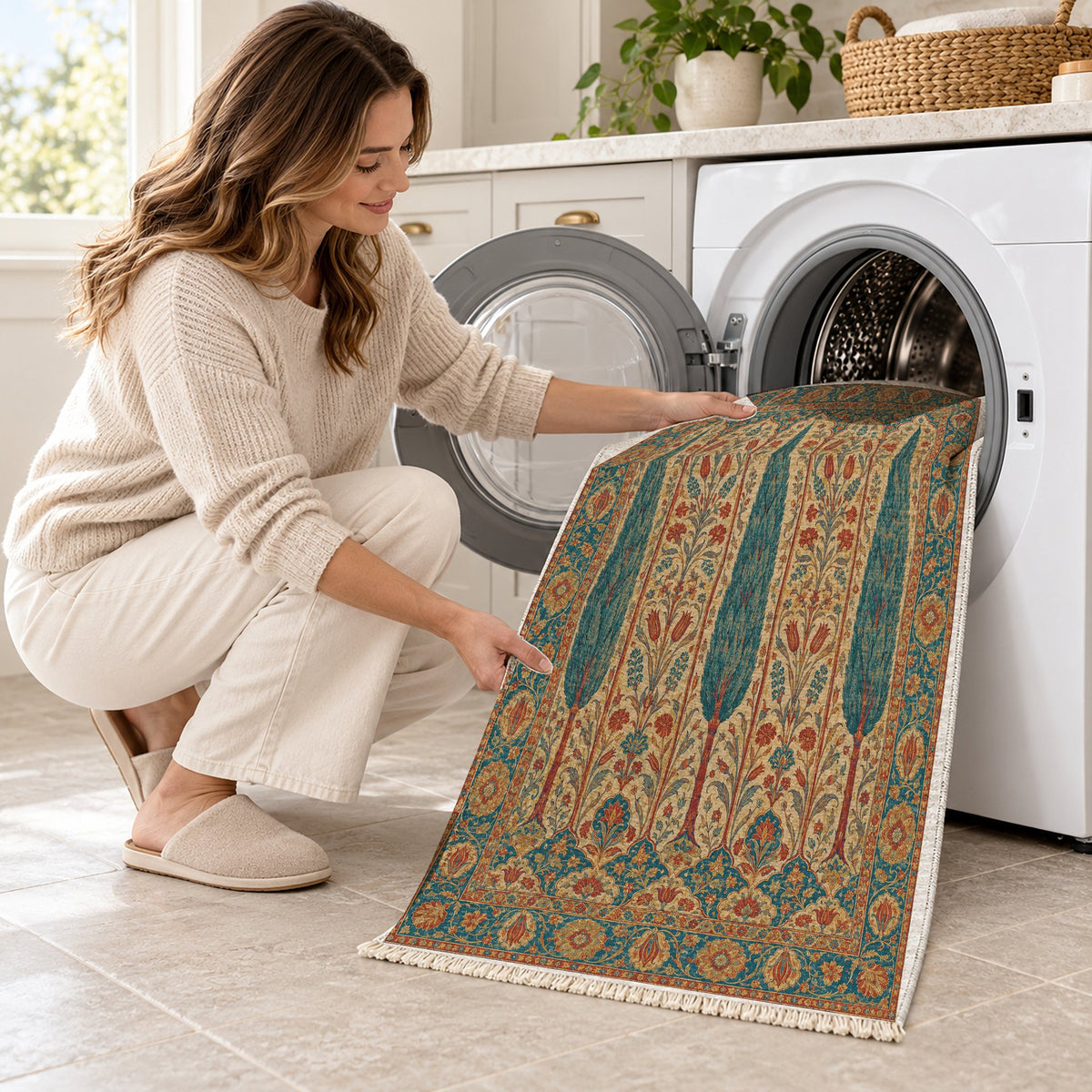 Cypress Terrace Peacock & Ochre washable rug being loaded into a washing machine
