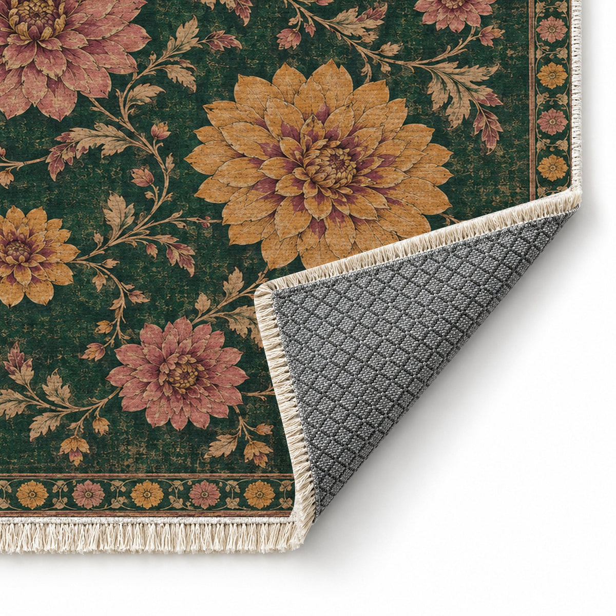 Dahlia Constellation Forest & Marigold washable rug folded corner showing the backing