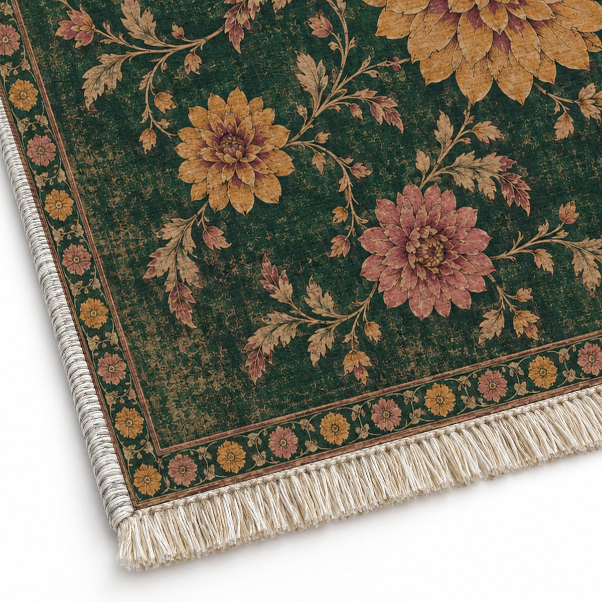 Dahlia Constellation Forest & Marigold washable rug close-up of the printed chenille
