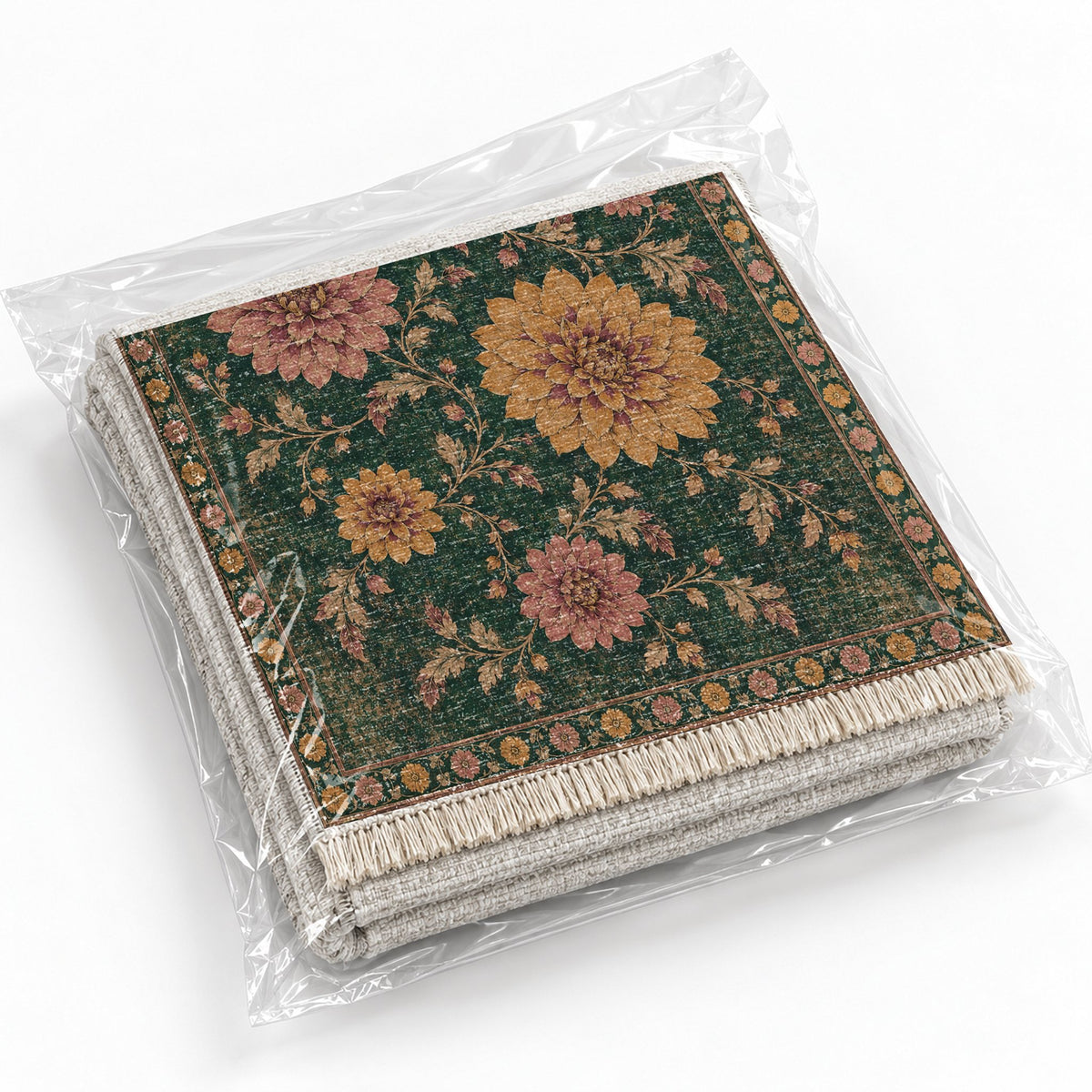 Dahlia Constellation Forest & Marigold washable rug rolled and packaged