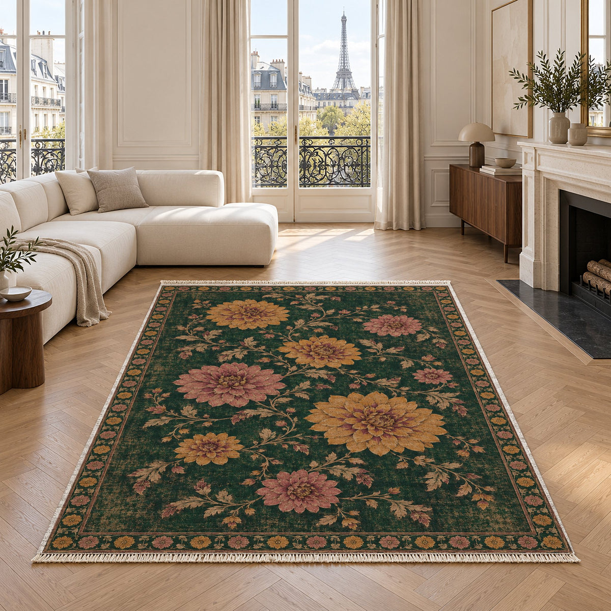 Dahlia Constellation Forest & Marigold washable rug in a living room with an Eiffel Tower view