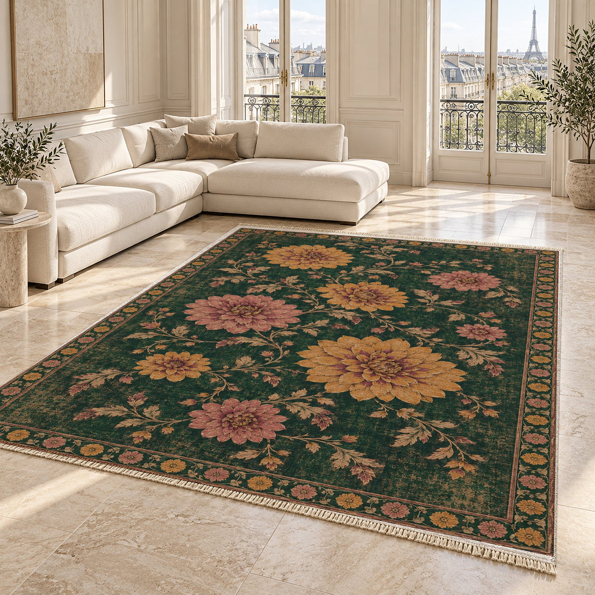 Dahlia Constellation Forest & Marigold washable rug angled room view on marble