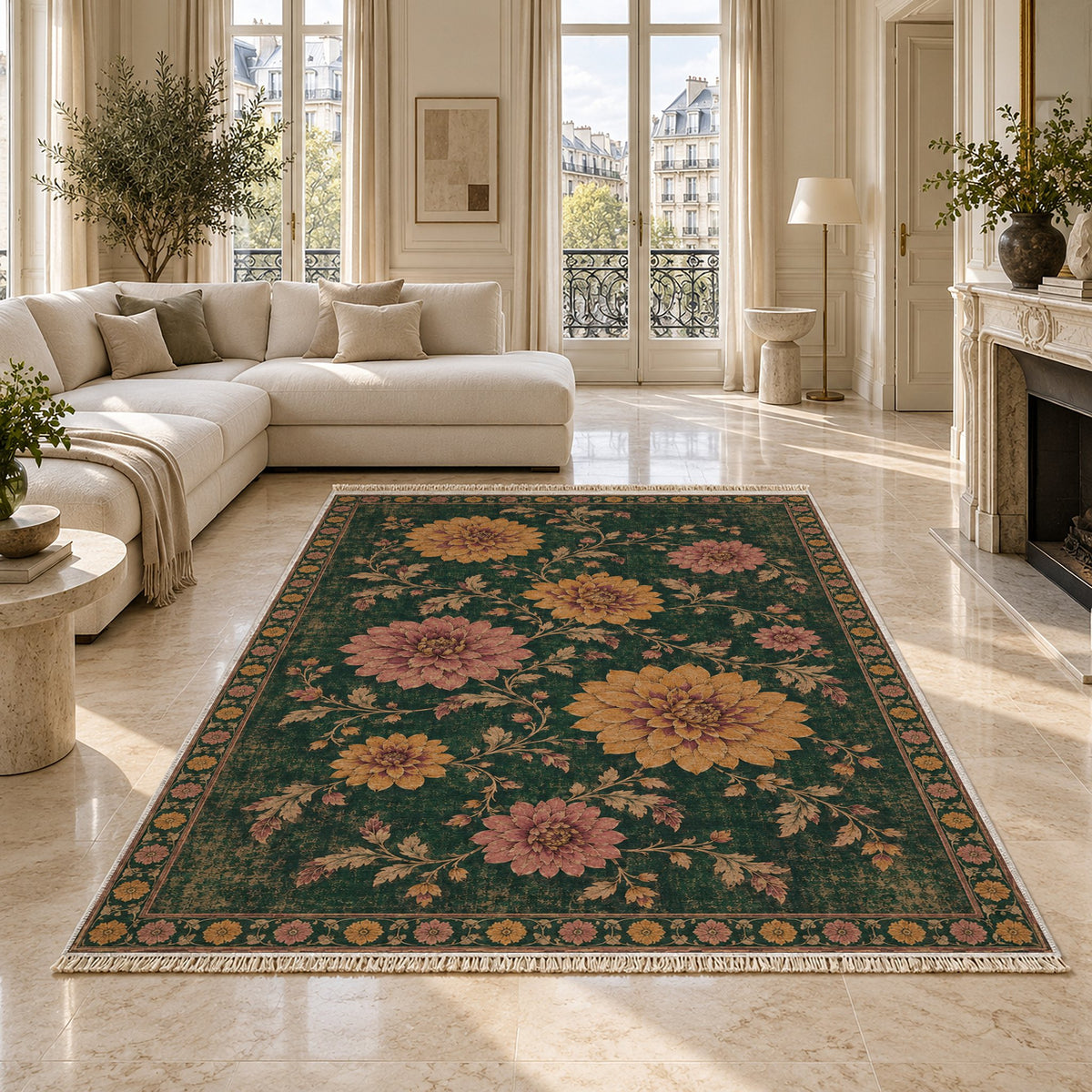 Dahlia Constellation Forest & Marigold washable rug on a marble floor