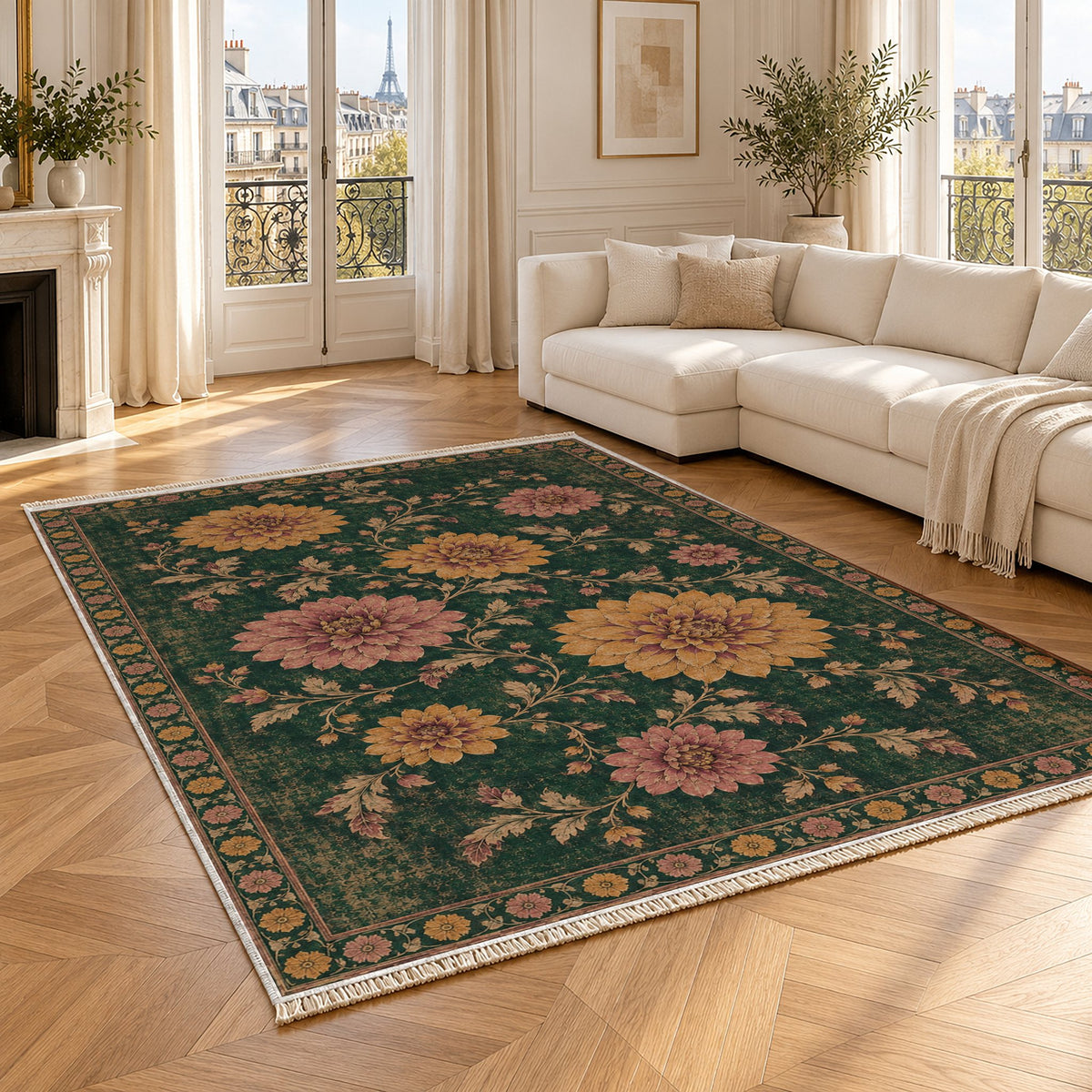 Dahlia Constellation Forest & Marigold washable rug angled room view