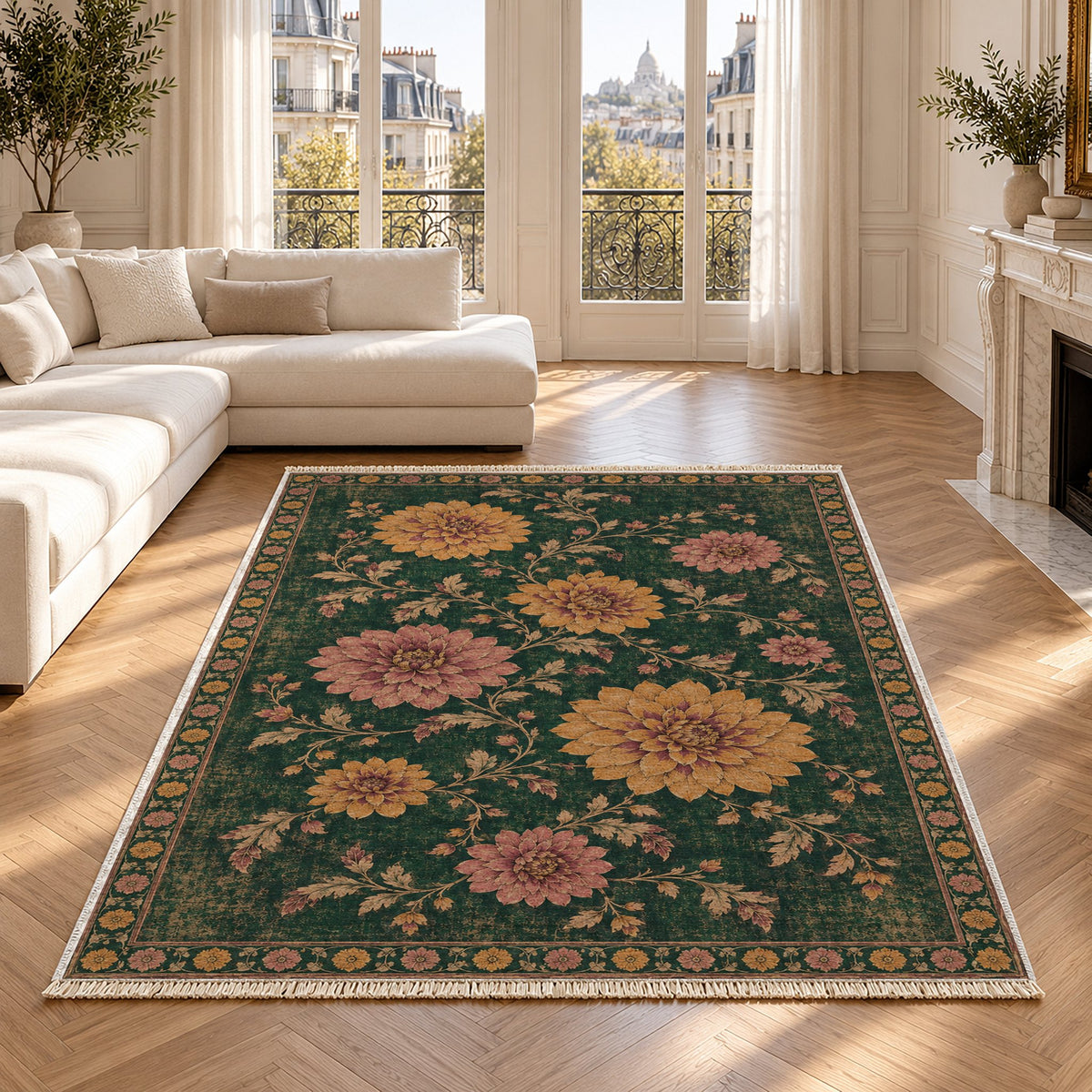 Dahlia Constellation Forest & Marigold washable rug in a Paris living room