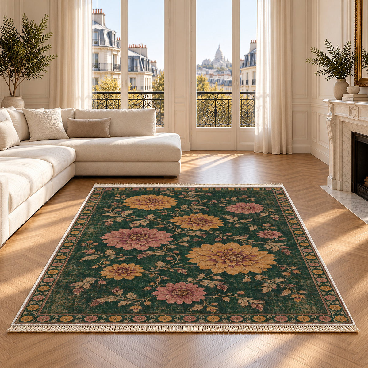 Dahlia Constellation Forest & Marigold washable rug on an oak floor