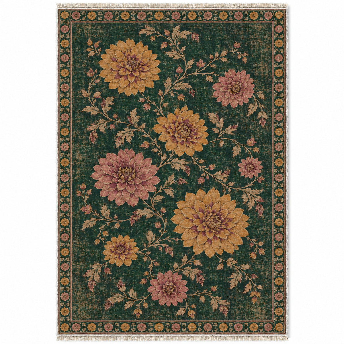 Dahlia Constellation Forest & Marigold washable rug top view