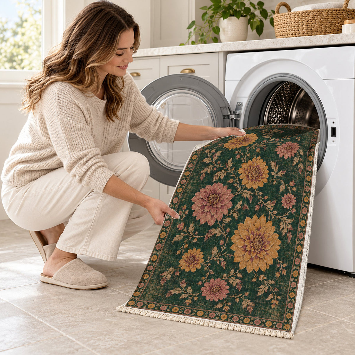 Dahlia Constellation Forest & Marigold washable rug being loaded into a washing machine
