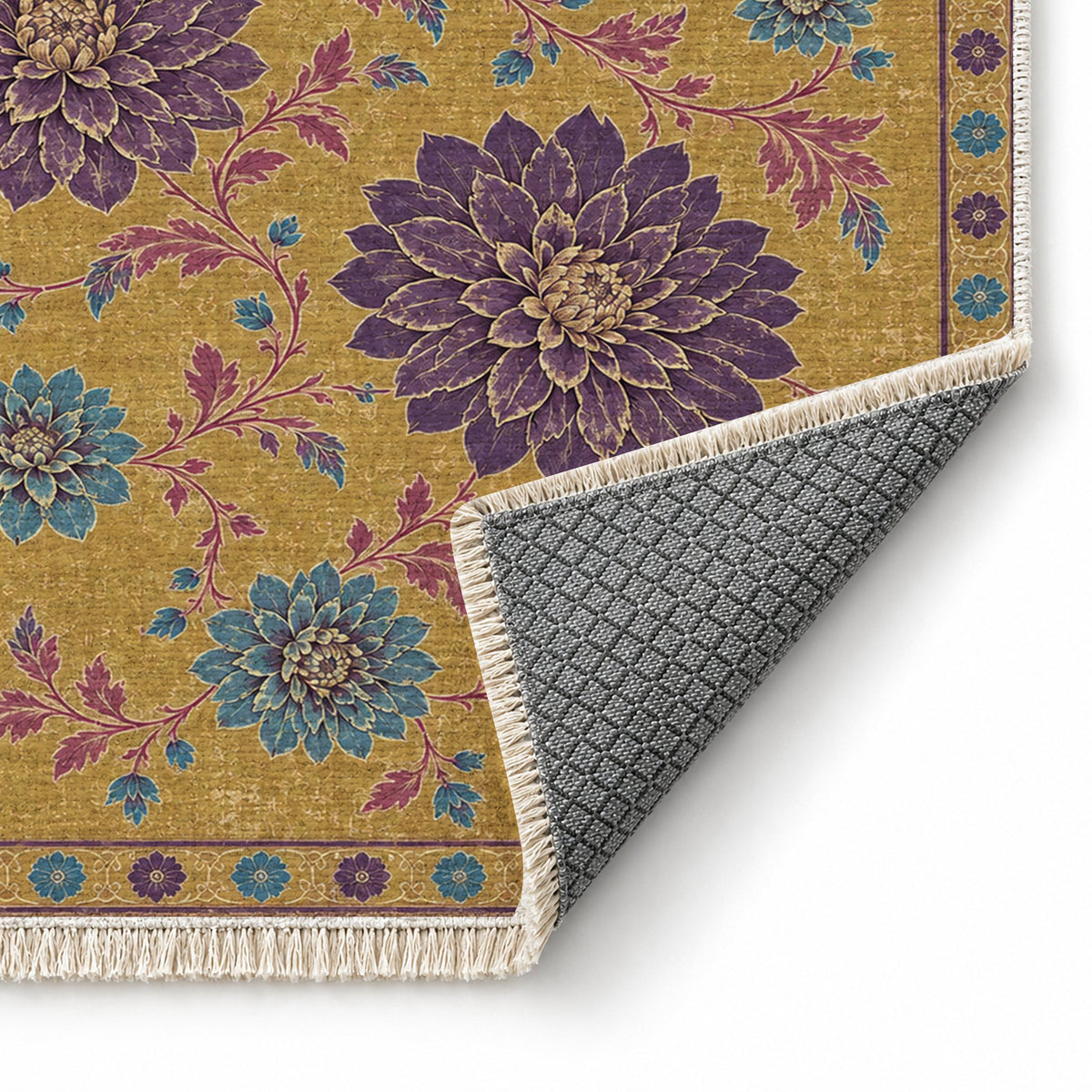 Dahlia Constellation Golden, Plum & Azure washable rug folded corner showing the backing