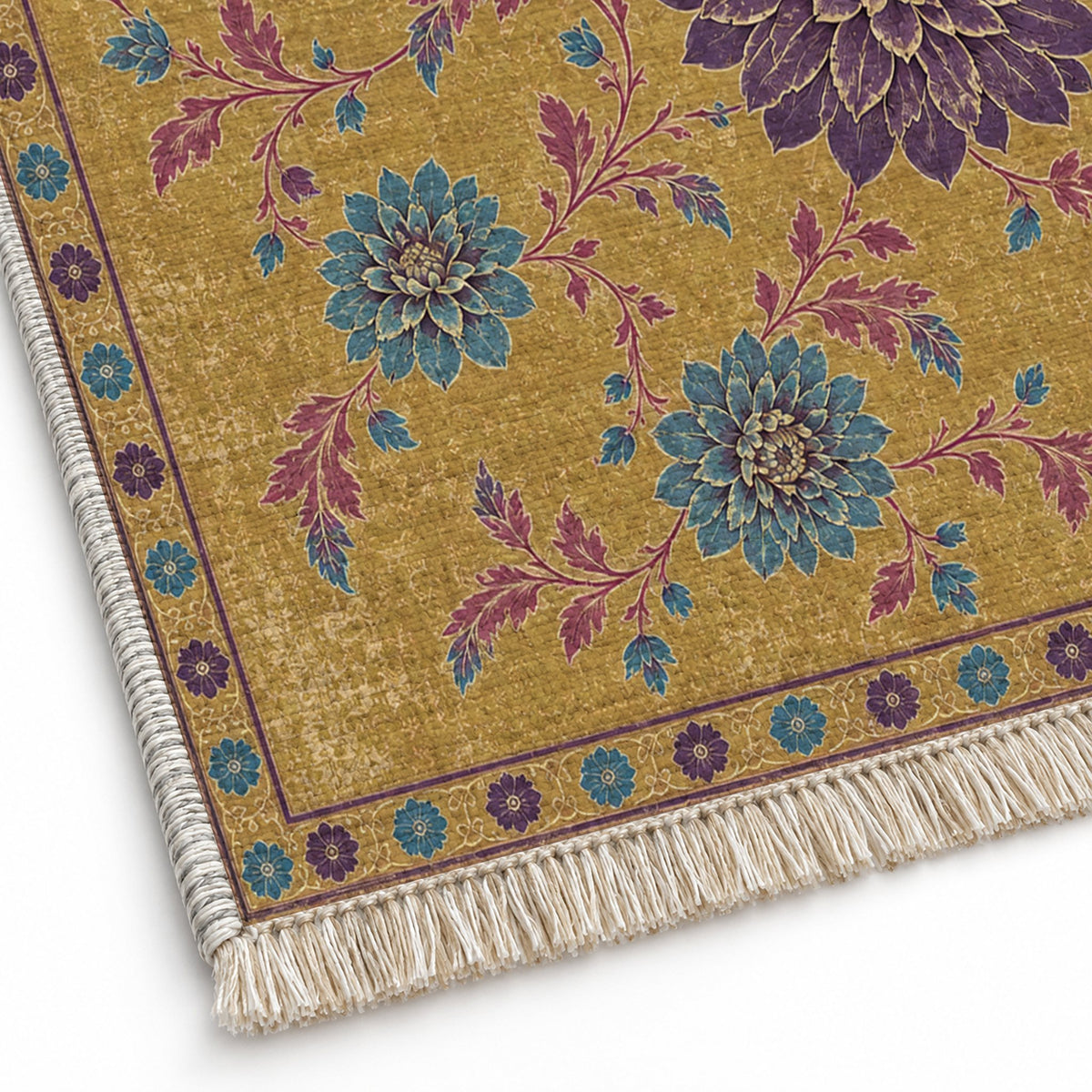 Dahlia Constellation Golden, Plum & Azure washable rug close-up of the printed chenille