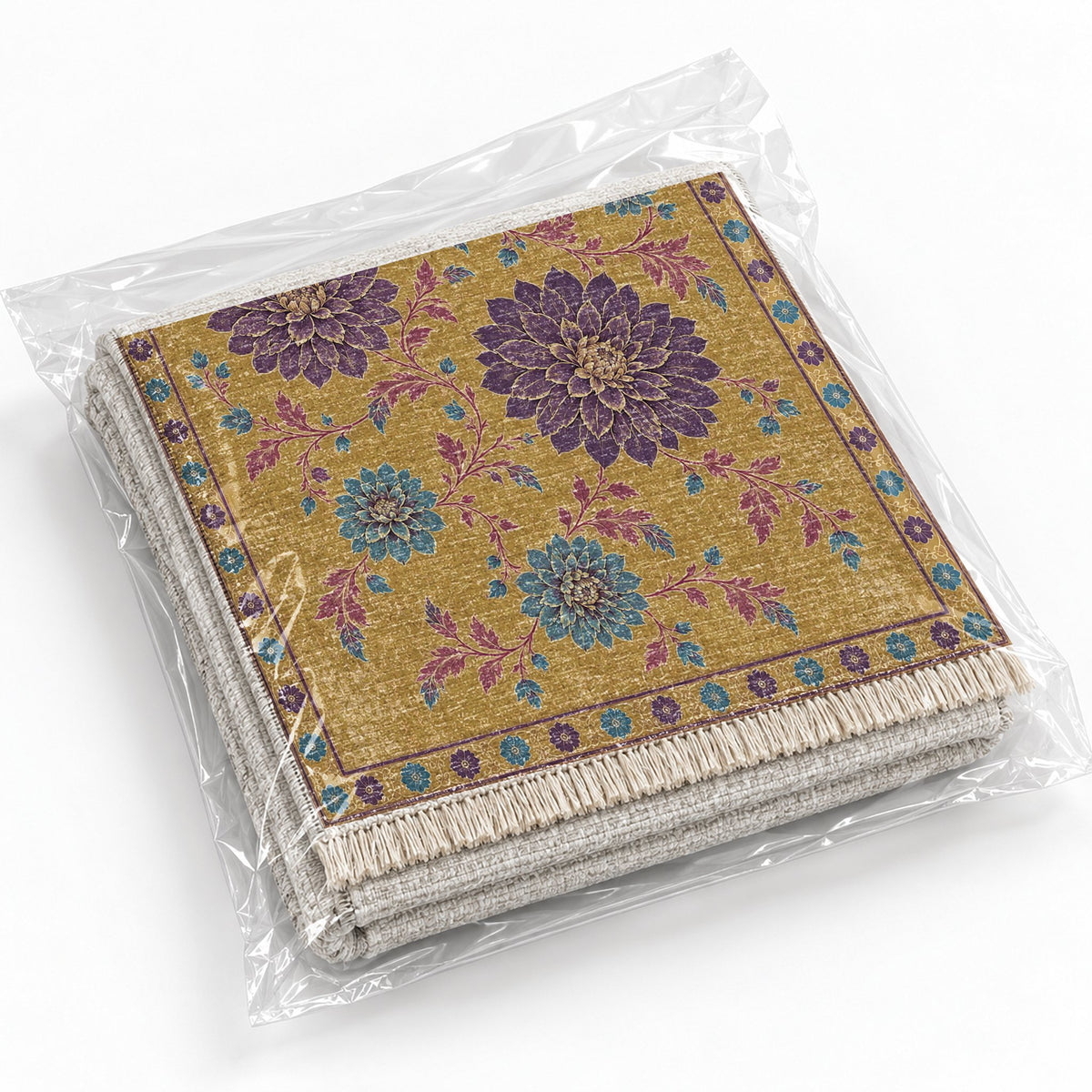 Dahlia Constellation Golden, Plum & Azure washable rug rolled and packaged