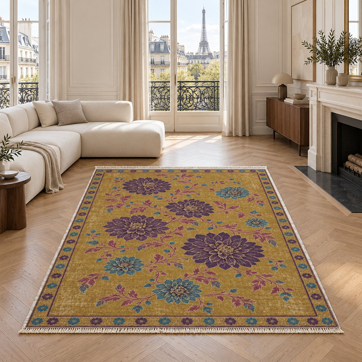 Dahlia Constellation Golden, Plum & Azure washable rug in a living room with an Eiffel Tower view