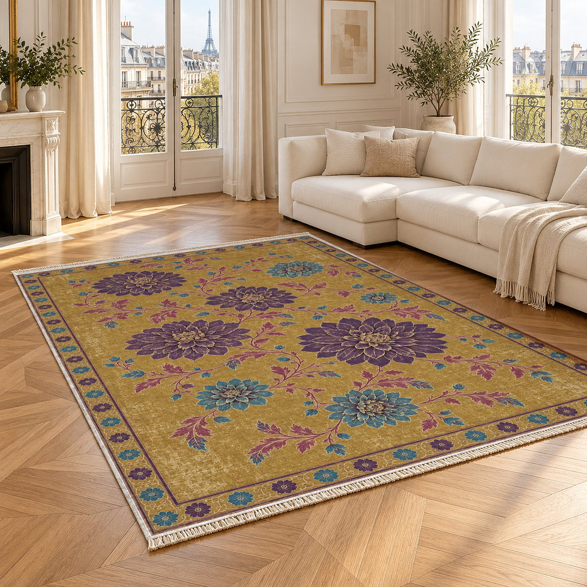 Dahlia Constellation Golden, Plum & Azure washable rug angled room view
