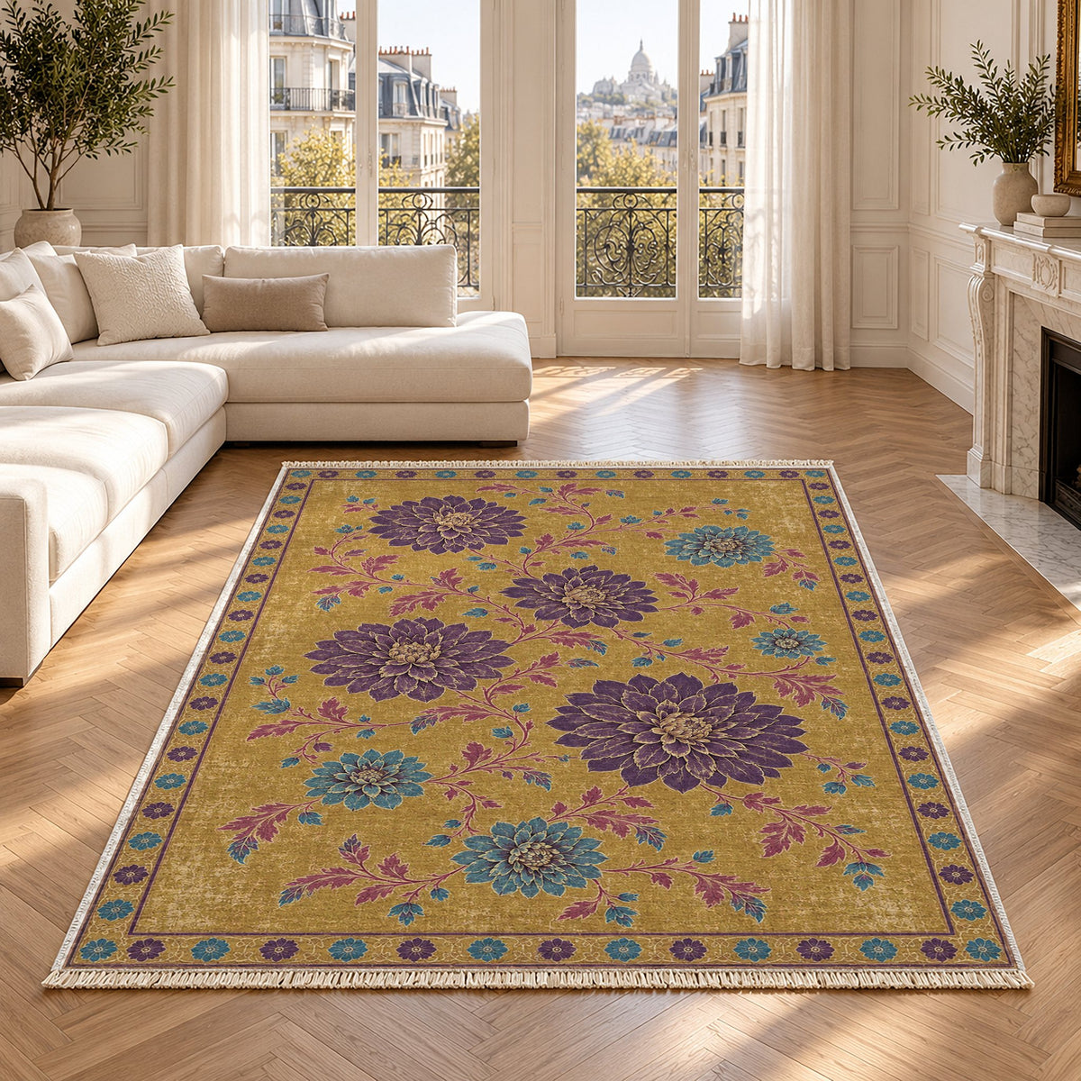 Dahlia Constellation Golden, Plum & Azure washable rug in a Paris living room