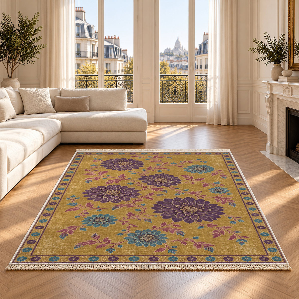 Dahlia Constellation Golden, Plum & Azure washable rug on an oak floor