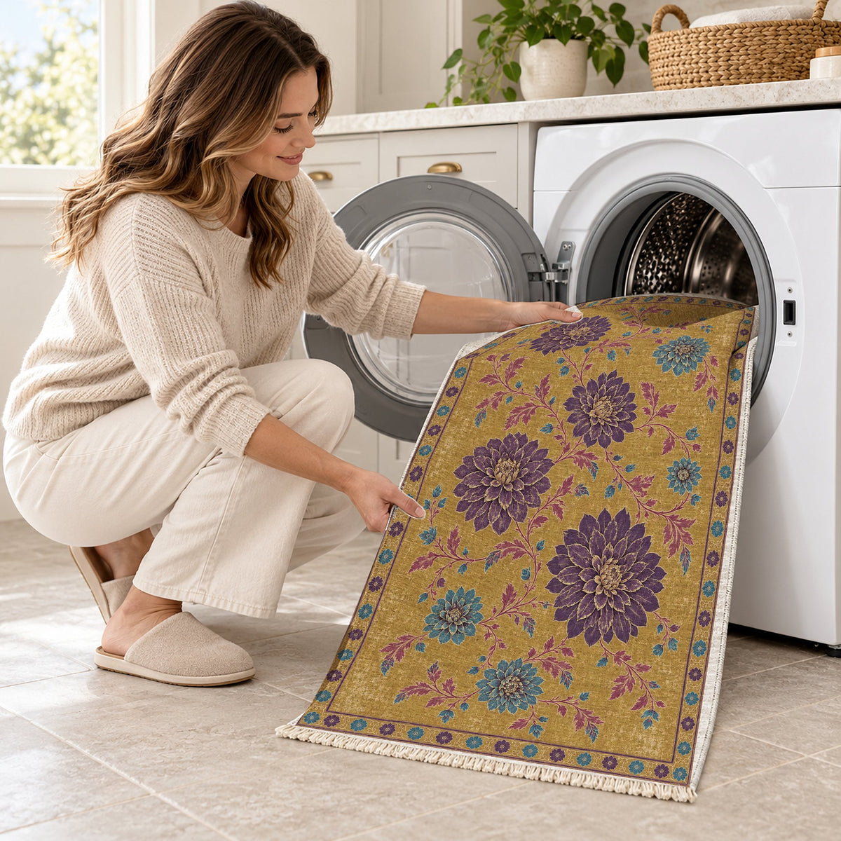 Dahlia Constellation Golden, Plum & Azure washable rug being loaded into a washing machine