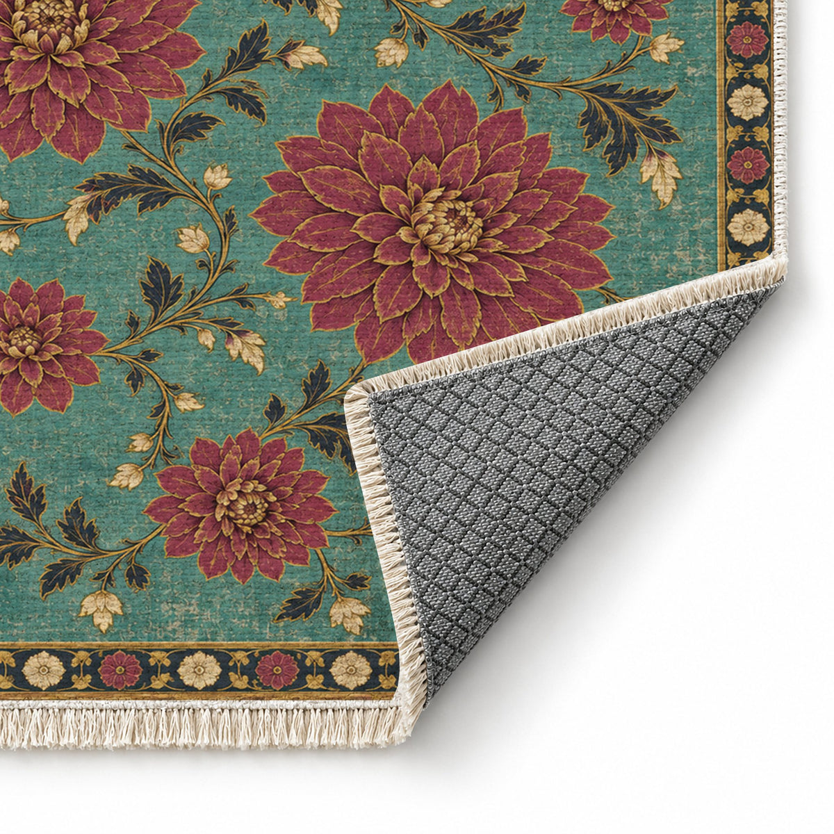 Dahlia Constellation Lagoon & Berry washable rug folded corner showing the backing