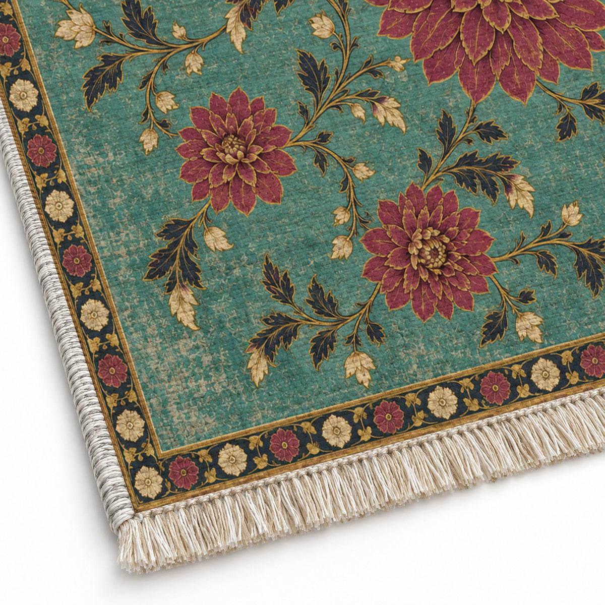 Dahlia Constellation Lagoon & Berry washable rug close-up of the printed chenille