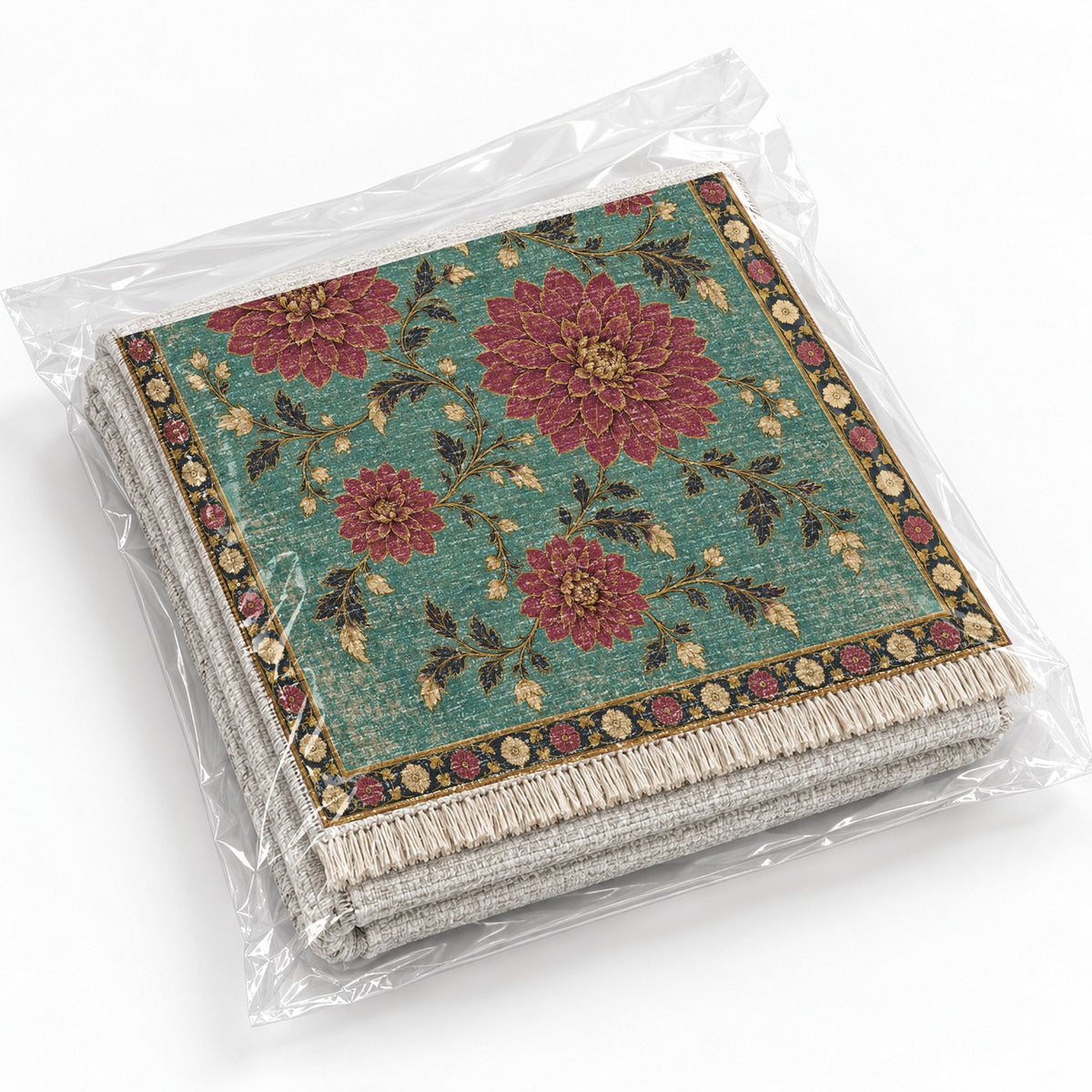 Dahlia Constellation Lagoon & Berry washable rug rolled and packaged