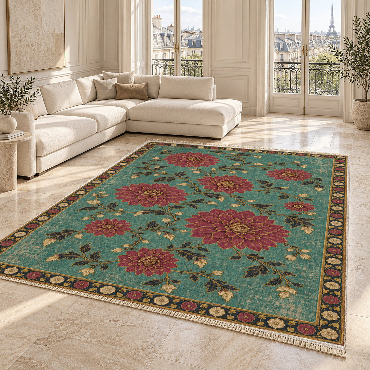 Dahlia Constellation Lagoon & Berry washable rug angled room view on marble